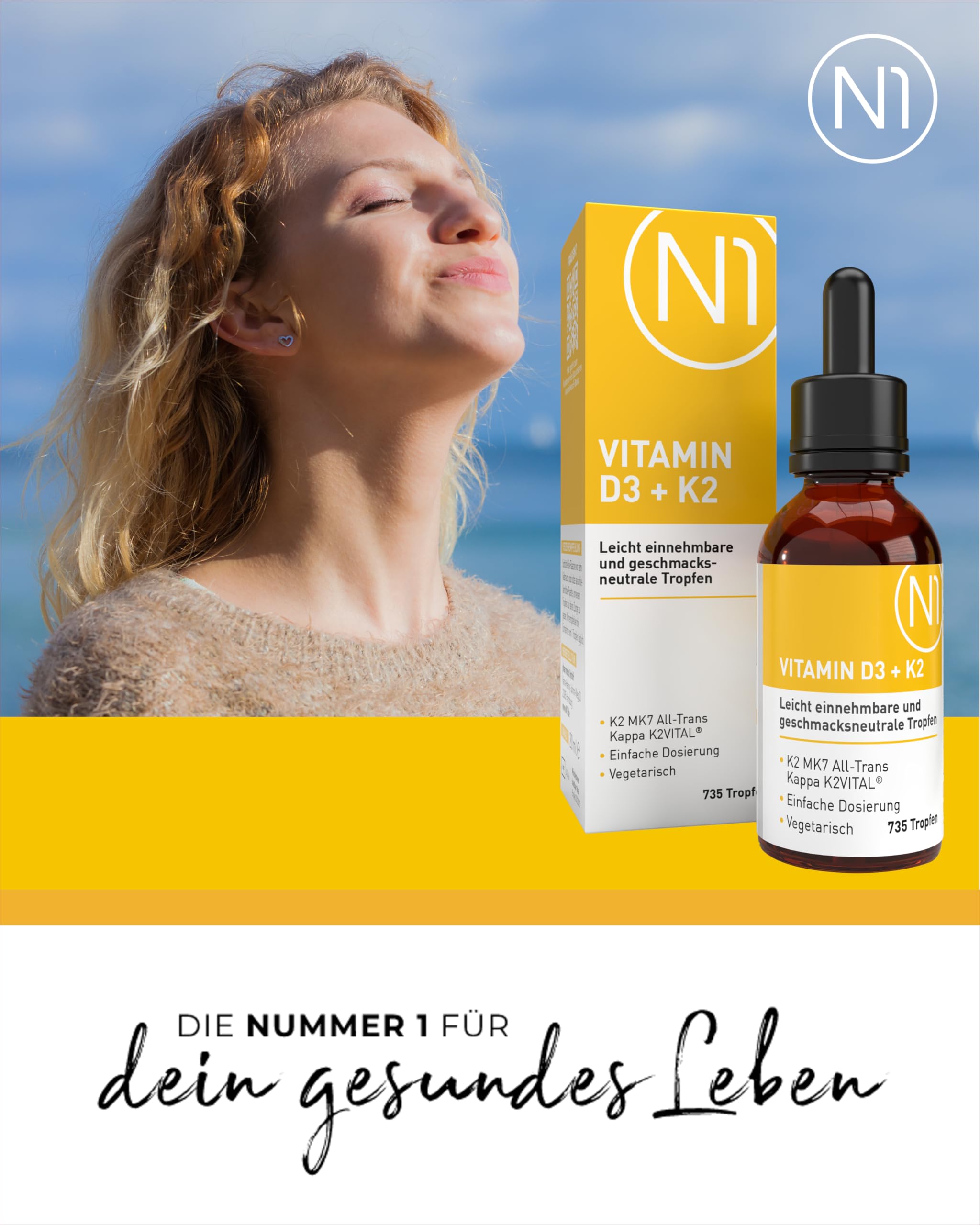 N1 Vitamin D3 K2 Tropfen 5x20ml - Hochdosiert & Optimal Dosiert | Premium mit 99,7% All-Trans K2VITAL von Kappa und bioverfügbarem D3 - für Knochen, Zähne und Immunsystem, ohne Zusätze