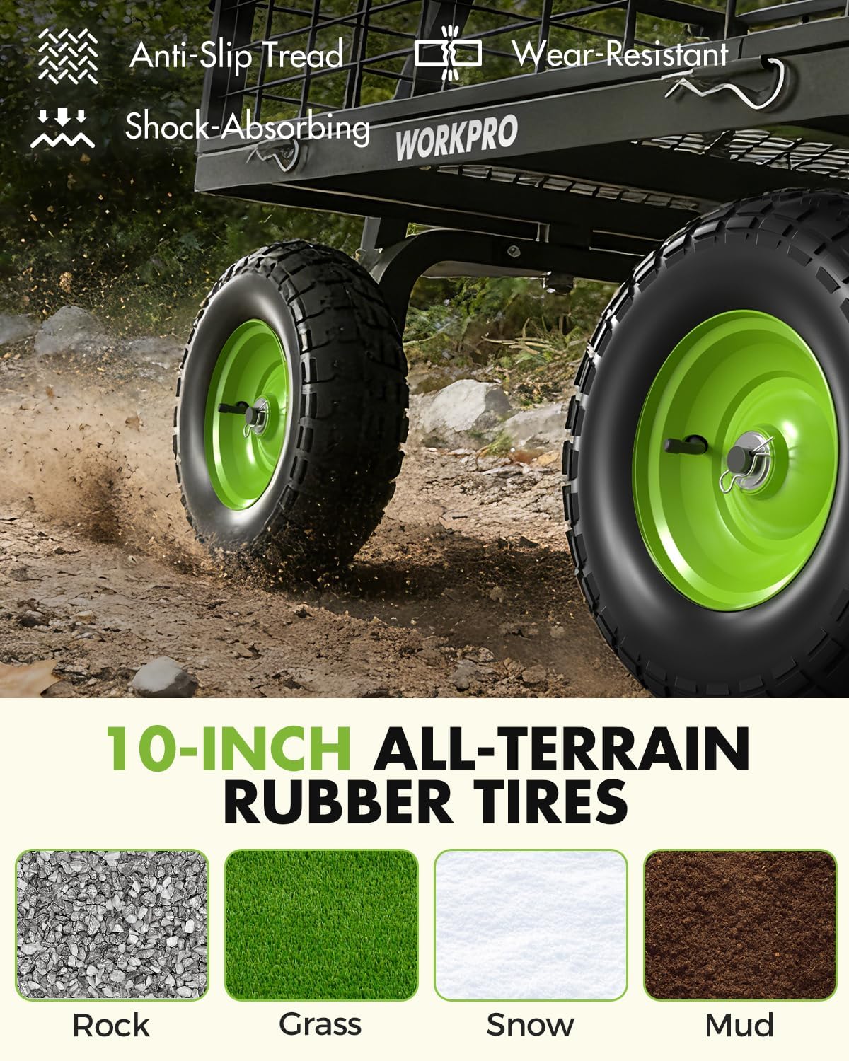 WORKPRO Large Heavy Duty Garden Cart 770 lb, 2-in-1 Convertible Utility Wagon with Removable Sides, 180° Tow Handle for ATV or Lawn Tractor, 270° Steering, Extra Large Yard Cart with All Terrain Tires