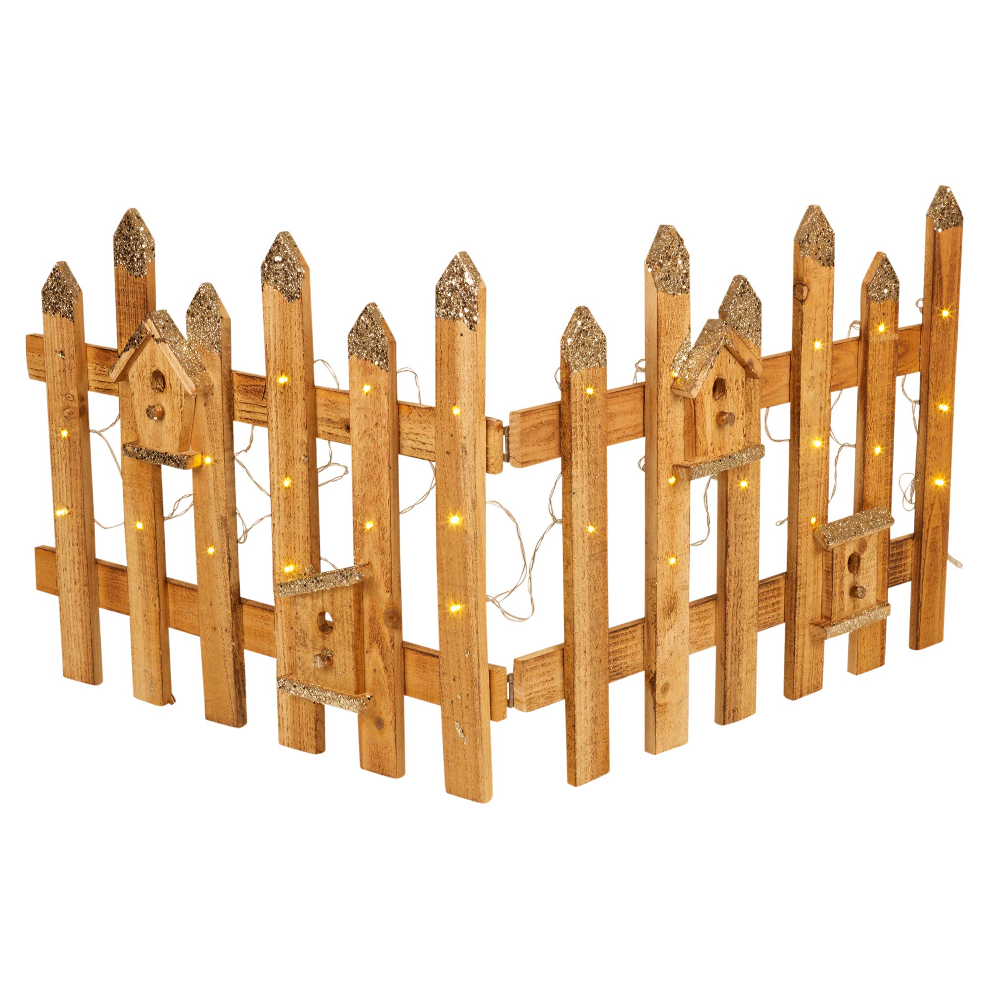 URBNLIVING Christmas Tree Skirt Stand Rustic Wooden Snow Fence 30 LED Lights (Light Wood, Set of 2)