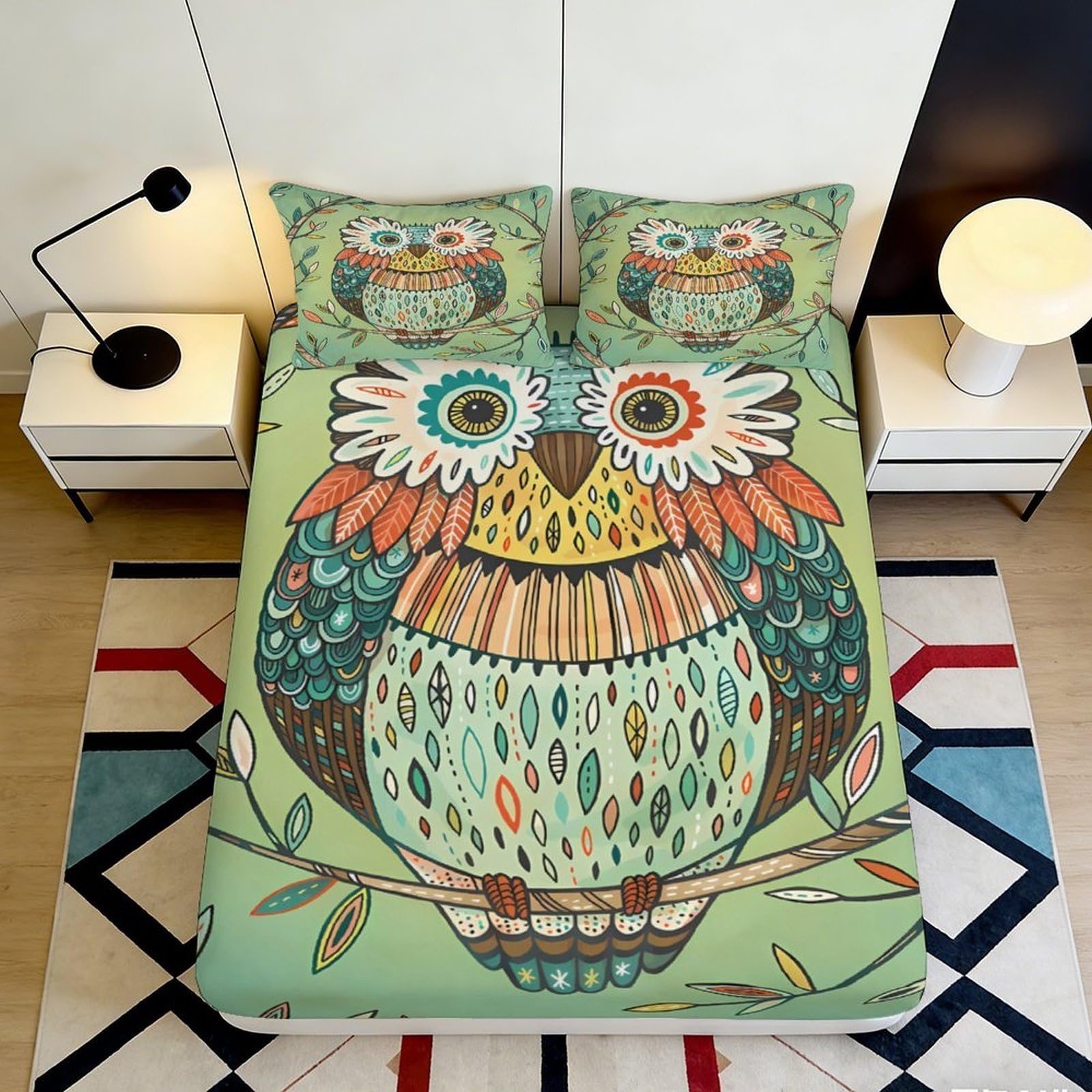 3D Printed Colorful Owl Pattern Fitted Sheet Microfiber Soft Durable Cartoon Bird Bed Cover for Bedroom Dormitory Guest Room Mattress Protection 90x200x25cm