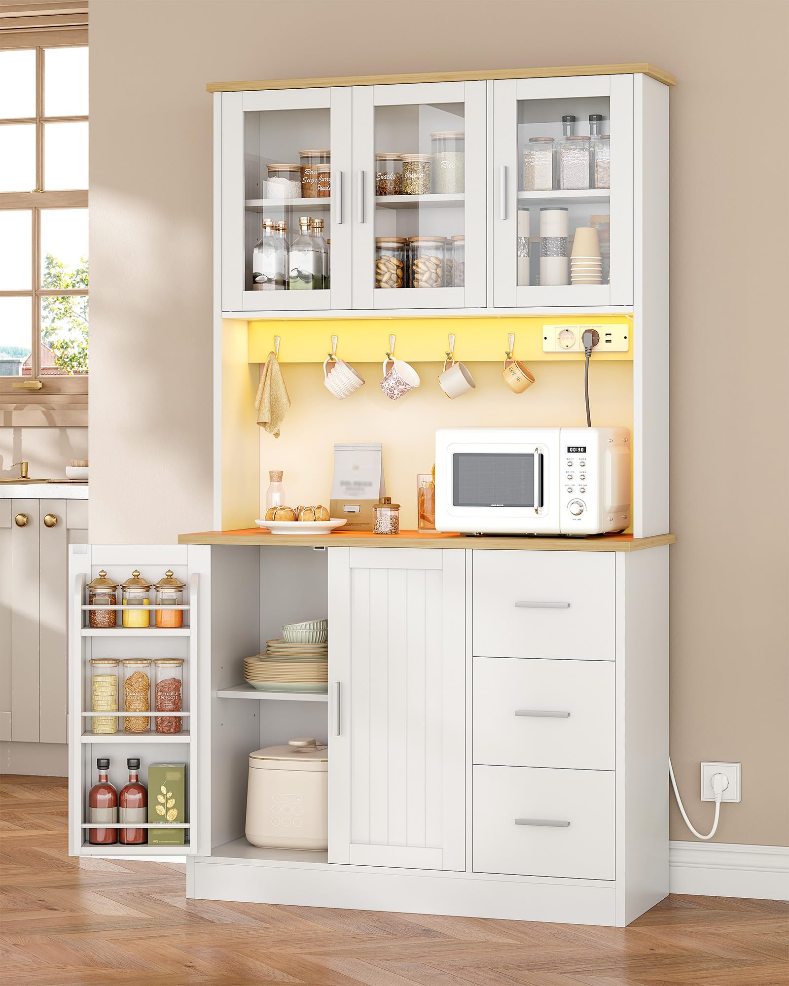 Hzuaneri Armario Cocina Alto, con Toma y Tira LED, 40 x 100 x 180 cm | Estante 6 Niveles Tras Puerta, 5 Puertas y 3 Cajones, Para Cocina o Salón, Blanco-Roble PT10303XEU