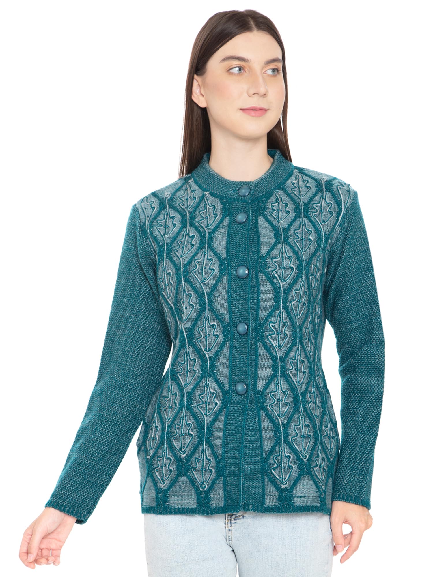 Women Woollen Buttoned Embroidered Cardigan-image-45
