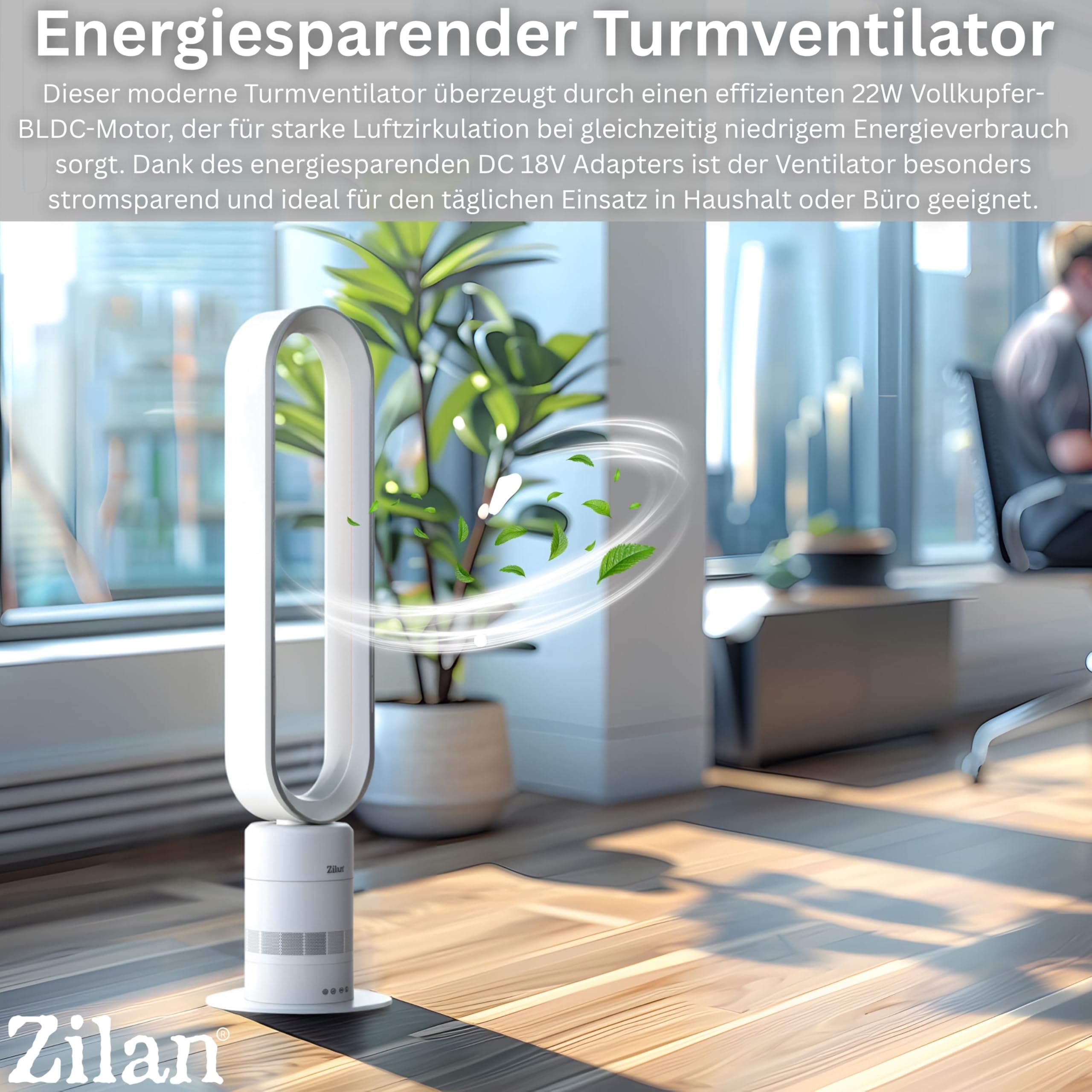 Zilan Turmventilator leise mit Fernbedienung – energiesparender BLDC Motor Standventilator mit Kühlung - Säulenventilator 10 Sufen & 10 Modi, 900 m³/h, Oszillation, Timer, Touch Display