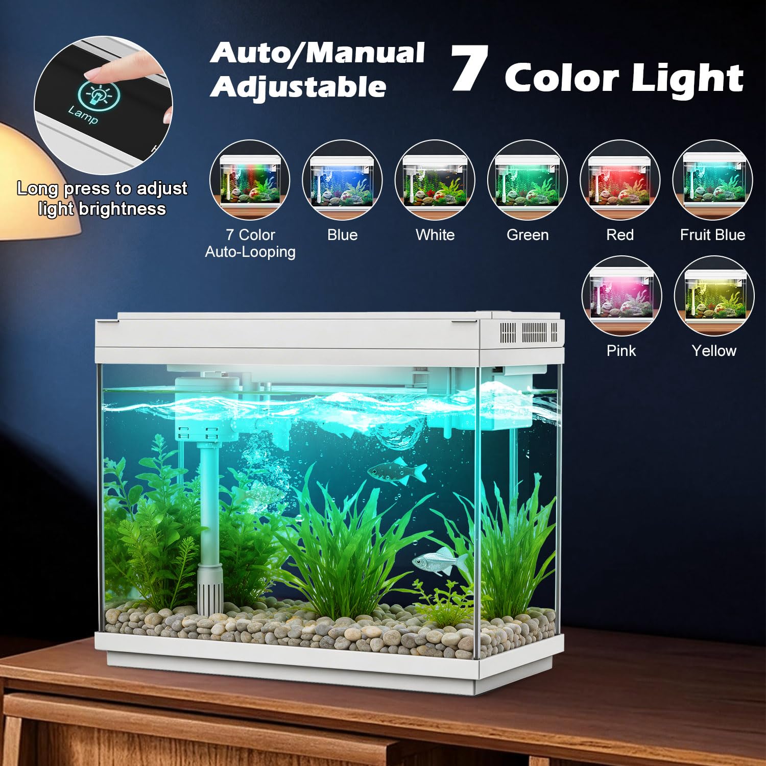 Aquarium intelligent avec pompe à eau silencieuse, petit aquarium de 8 litres avec kit de démarrage rapide, affichage de la température, humidificateur et lumières RVB, parfait pour la maison, le