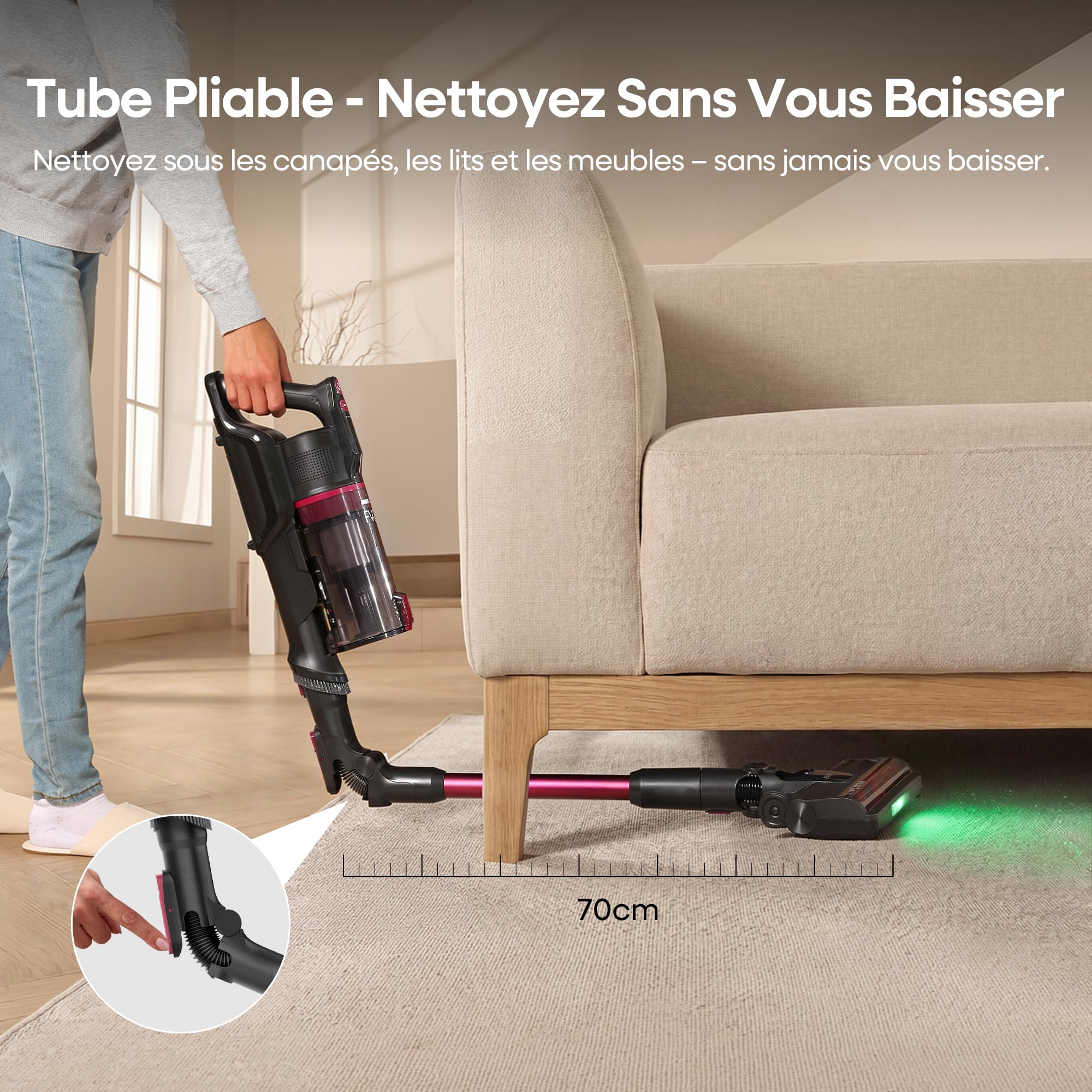 FAMIVAC FV3 Aspirateur Balai sans Fil 60KPa/50Min/120㎡, Tube Pliable, Autoportant à Brosse Anti-Enchevêtrement, Lumière Verte, Aspirateur à Main Puissant pour Sol Dur/Moquette/Poils Animaux/Voiture