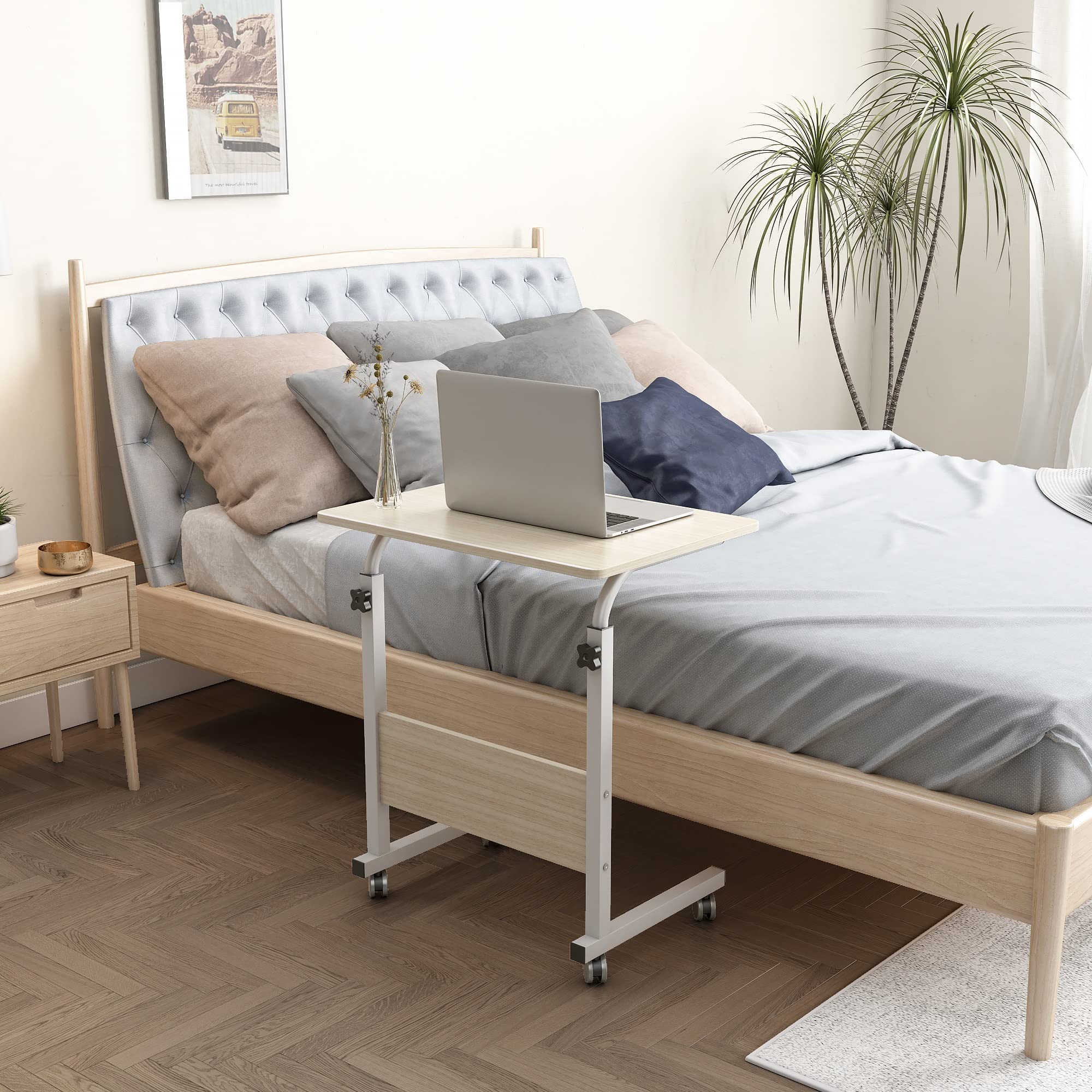 sogesfurniture höhenverstellbar Laptoptisch Laptopständer Computertisch mit Rollen, mobiler Beistelltisch Pflegetisch für Bett und Sofa, 60 * 40 * 71-90cm, Weiß Ahorn 05#1-60MP-BH
