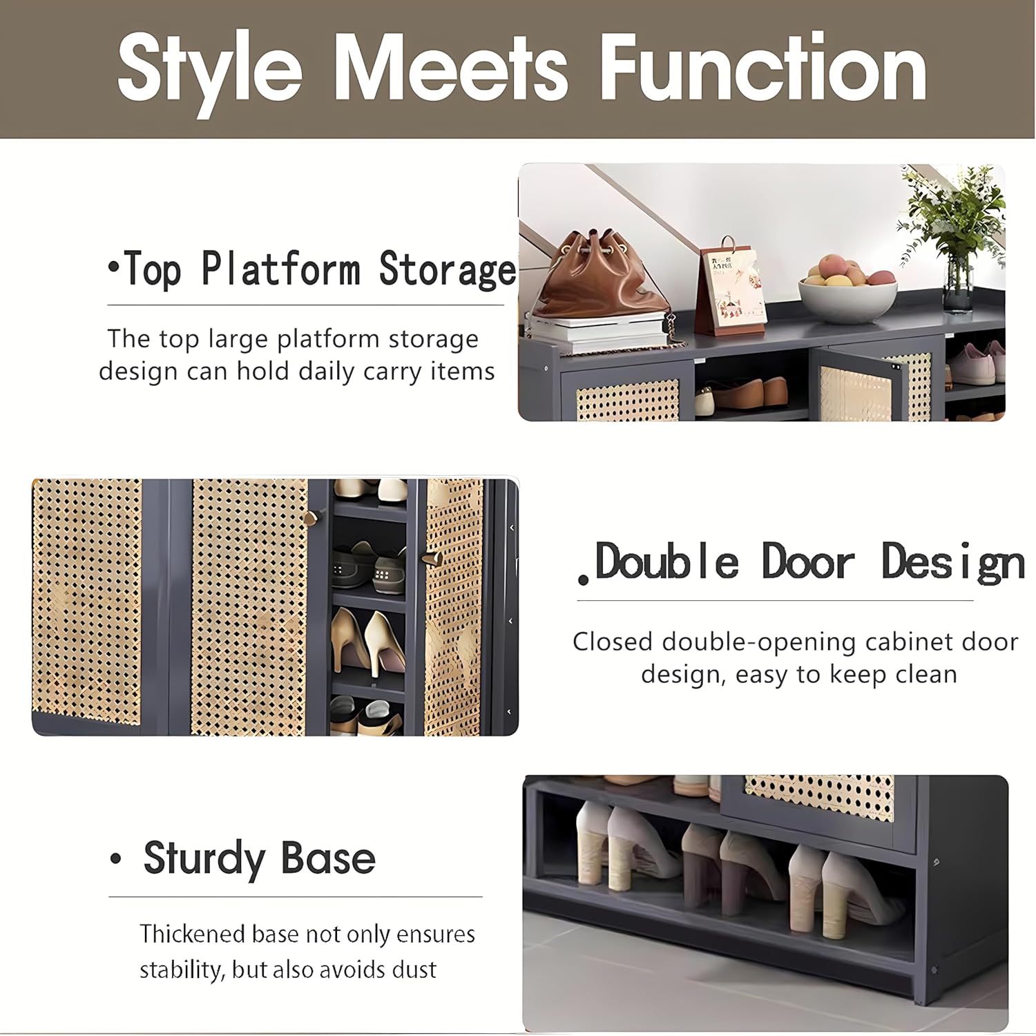 8-Tier Shoe Storage Cabinet for Entryway, 36-40 Pairs Large Capacity Shoe Cabinet with Rattan Door, Freestangding Shoe Rack Organizer with Adjustable Shelf for Closet, Hallway, Living Room
