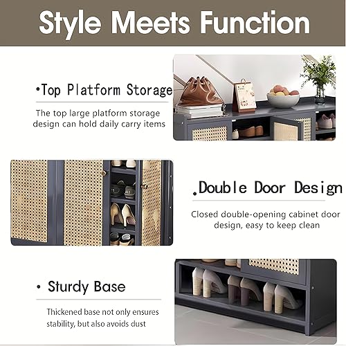 Miniatura 3 de Armario de almacenamiento de zapatos de bambú de 8 niveles para entrada, 38-42 pares de zapatero para armario, armario de almacenamiento de ratán