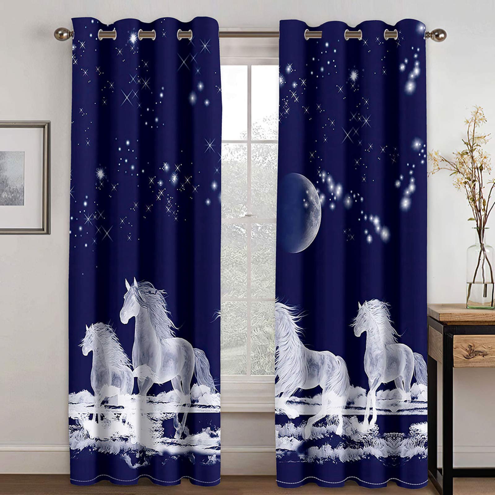 Rideau Occultant Chambre Lot De 2 - 140X160cm 3D Art Cheval Bleu Et Blanc Imprimé Rideaux Salon Opaque À Oeillets,Rideaux Grande Isolant Thermique Et Sonore, Décoration De Fenêtre