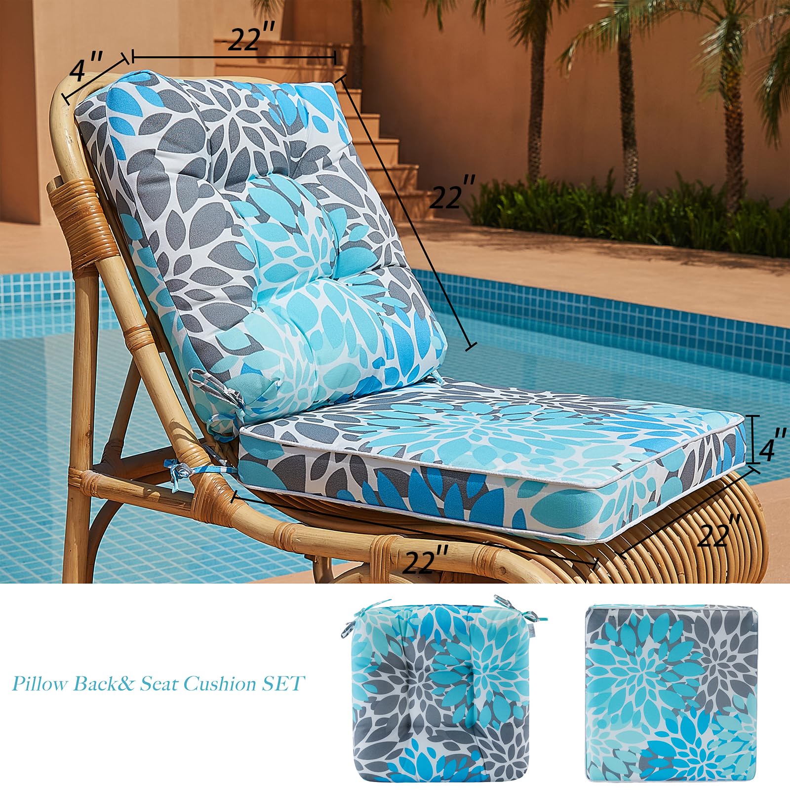 JMGBird Seat/Back Outdoor Chair Cushion Tufted Pillow, Deep Seat Cushion Set 22"x22", Outdoor Cushion for Patio Furniture