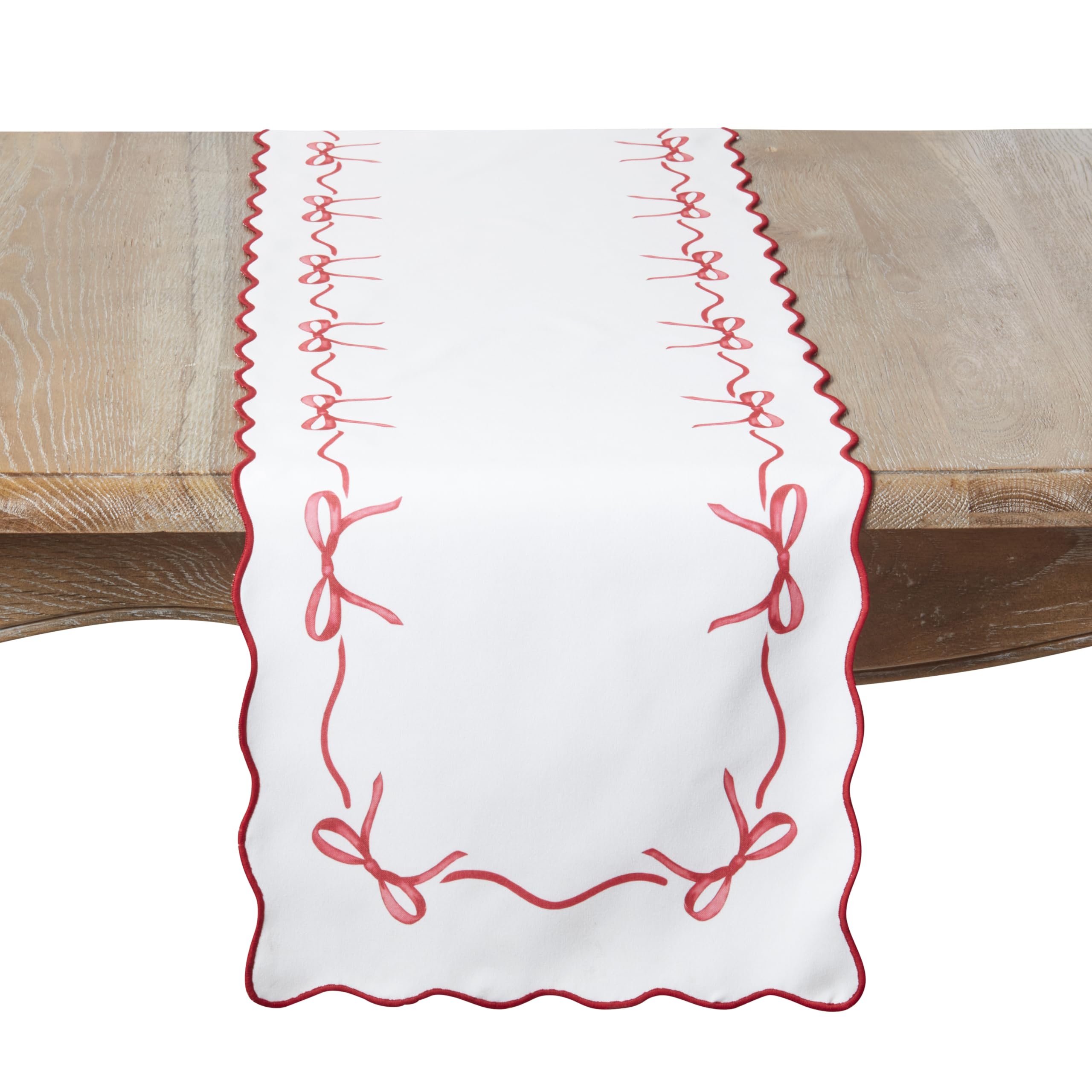 SARO LIFESTYLE Scalloped Ribbon Bow Table Runner - Festive Table Runner with Ribbon Bow Border and Scalloped Edge Design for Holiday Dining Tables and Seasonal Entertaining, 16"x72", Red/White