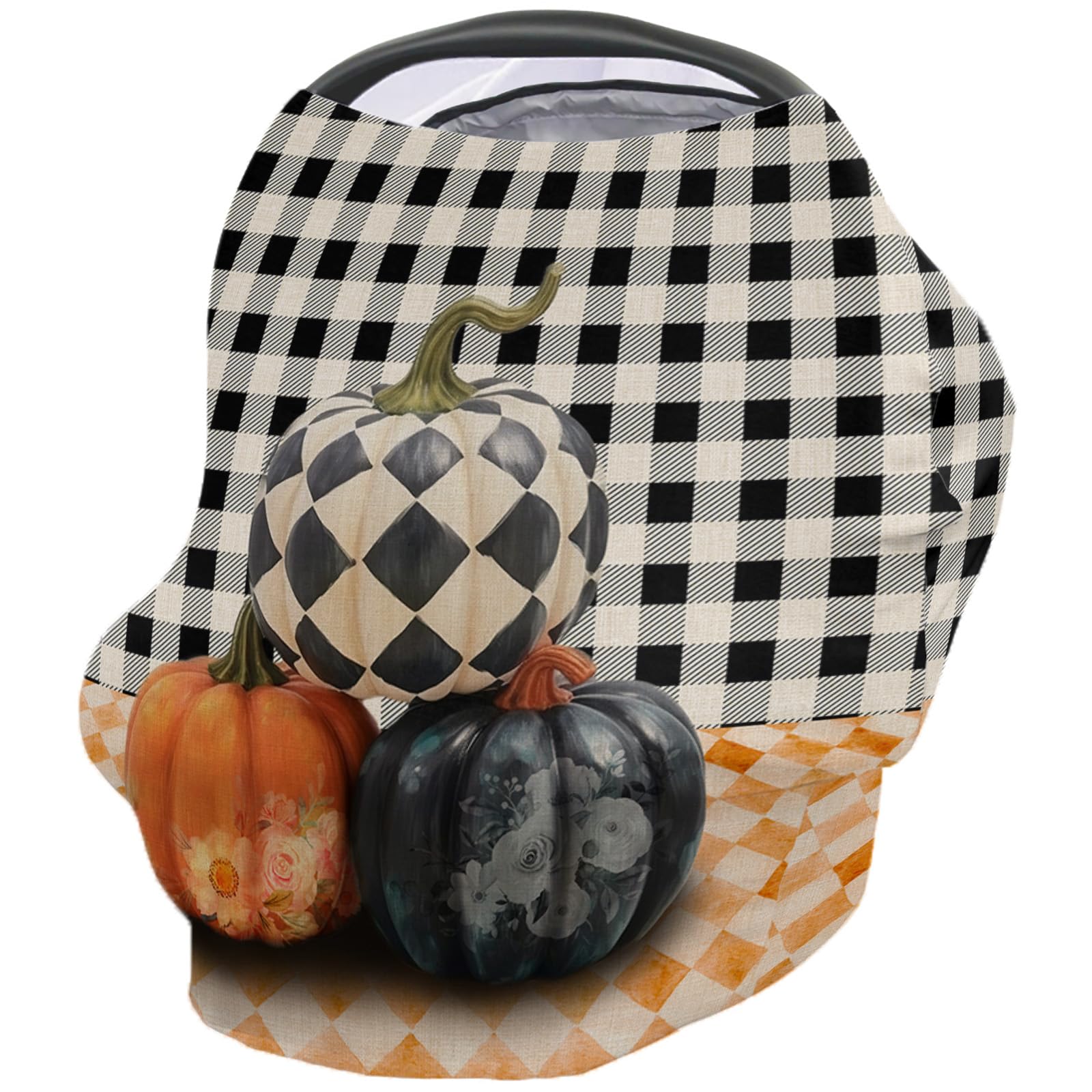 Nursing Cover for Breastfeeding Scarf, Black Plaid Orange Check Pumpkin Fall Thanksgiving Baby Car Covers Super Soft Multi Use for Canopy Shopping Cart Cover Blanket Stroller Cover