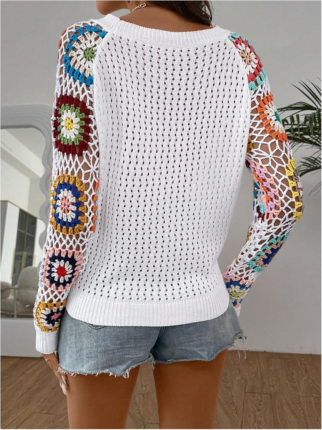 MAKEMECHIC Women's Floral Crochet Sweaters Long Sleeve Hollow Out Knit Vacation Tops - Image 2