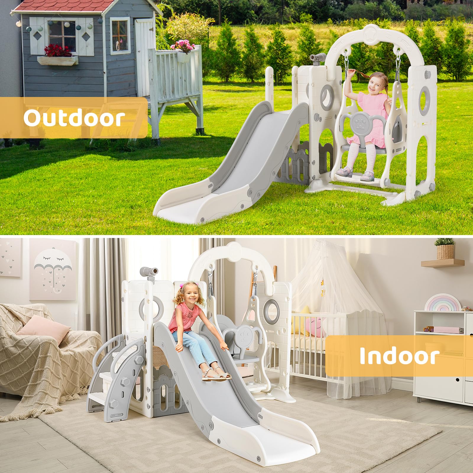 Toboggan et Balançoire, Toboggans Enfant, 5 en 1 Toboggan Bebe avec Balançoire,Télescope, Espace de Rangement, Escaliers, Aire de Jeux Intérieure et Extérieure, Gris Blanc, Module 2PCS