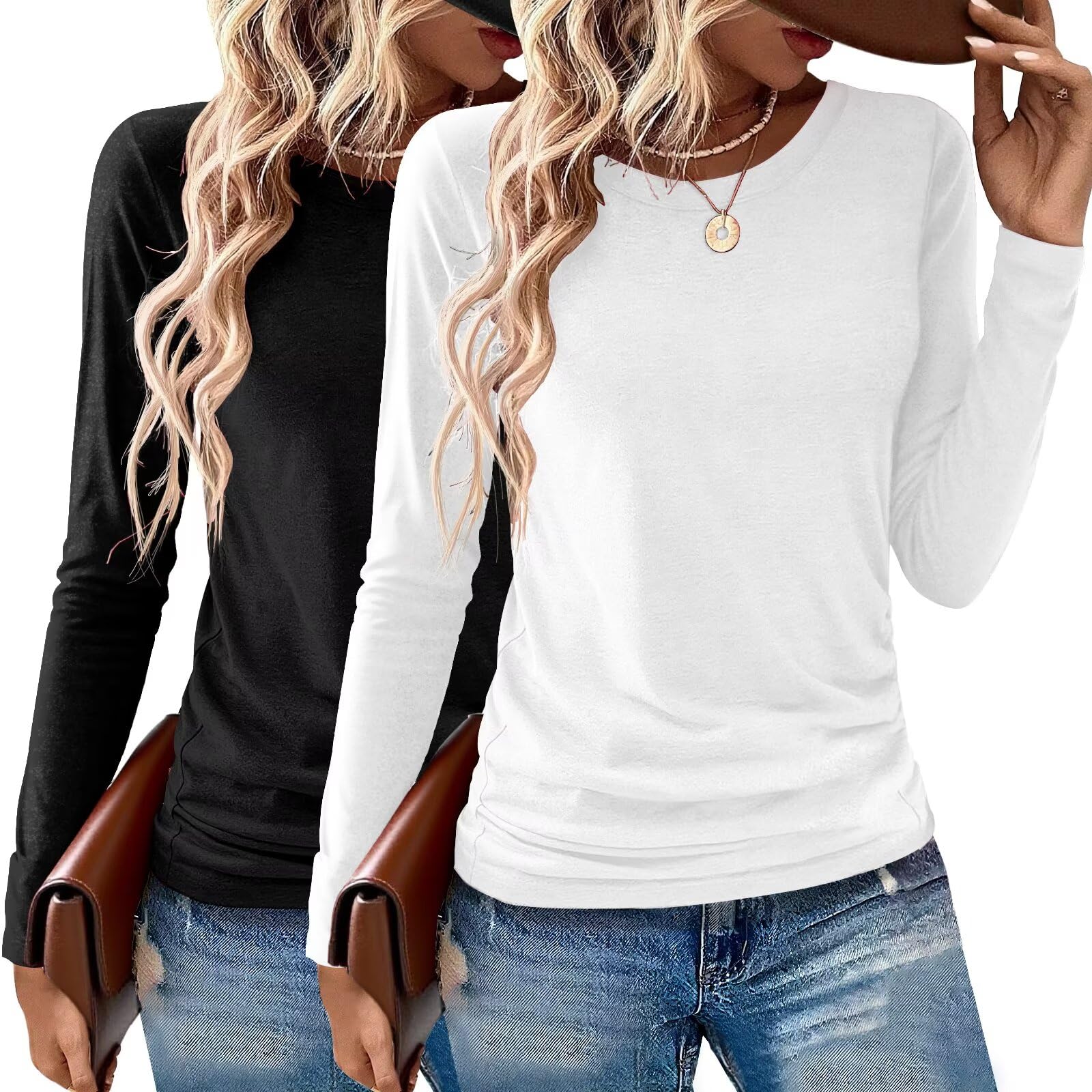 2 Pack Womens Tops Crewneck Soft Long Sleeve Shirts Fall Clothes Casual Tshirts Basic Tee