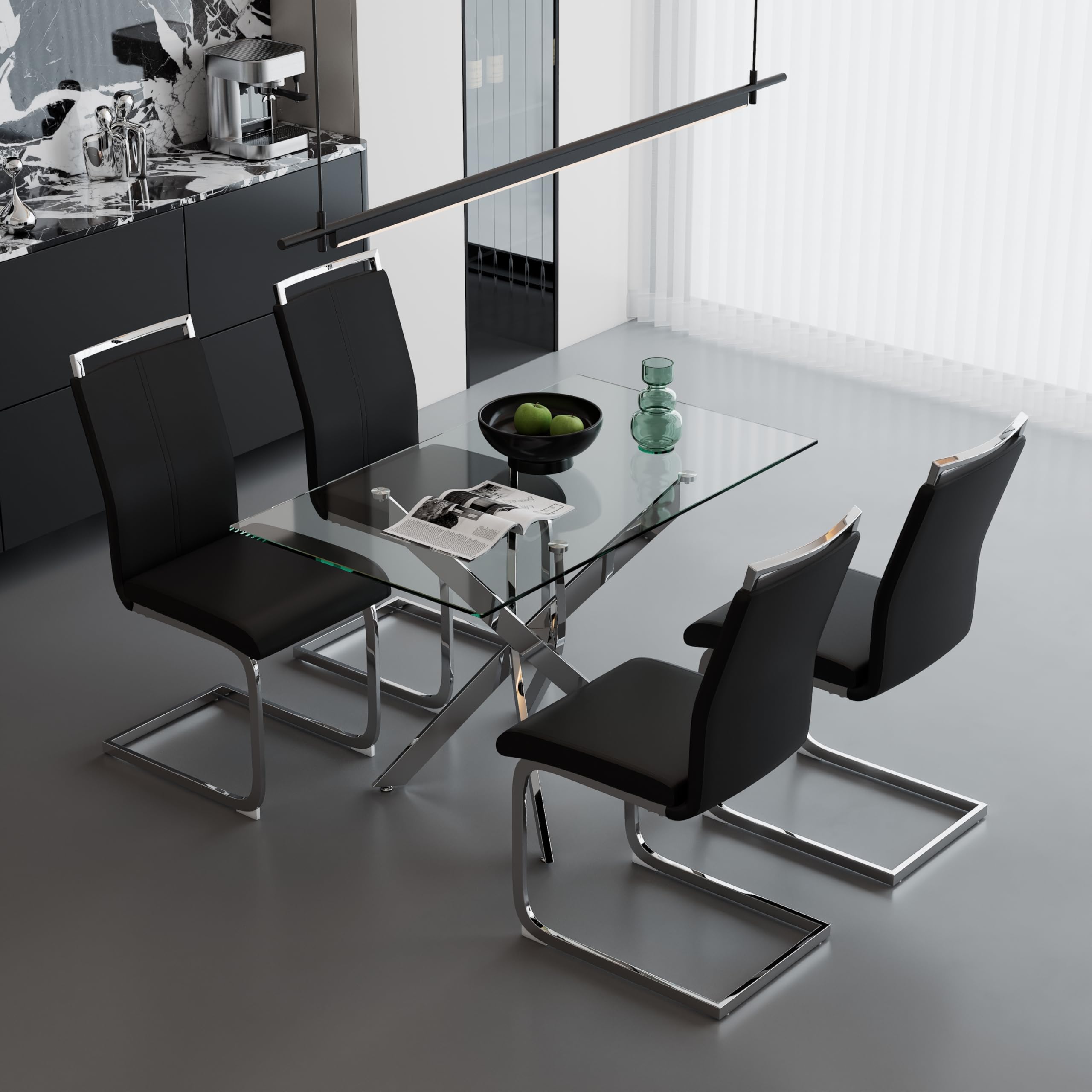 5 Piece Glass Dining Table Set for 4, Modern Tempered Glass Top Kitchen Table and Chairs Set, 4 Upholstered Chairs and Faux Leather Cushions, Space-Saving Small Apartment Dining Set