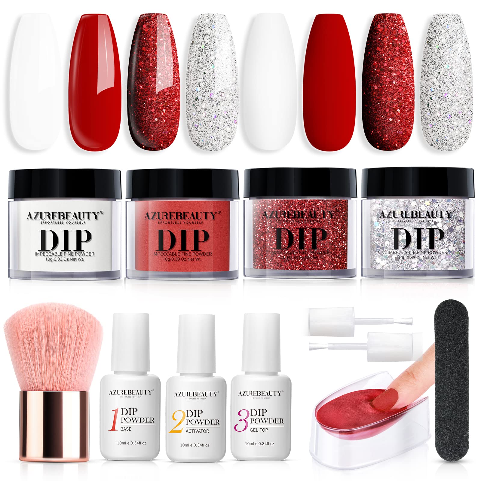 AZUREBEAUTY 12 PCS Dip Powder Nail Starter Kit Red White Silver Glitter, 4 Colors Christmas Dipping Powder Set, French Nail Art Base&Top Coat Activator Essential Liquid Manicure No Lamp Needed