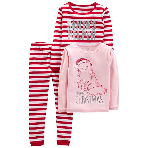 Simple Joys by Carter's Unisex Kids' 3-Piece Snug-Fit Cotton Christmas Pajama Set, Pack of 3, Pink Cat/Red Stripe, 8