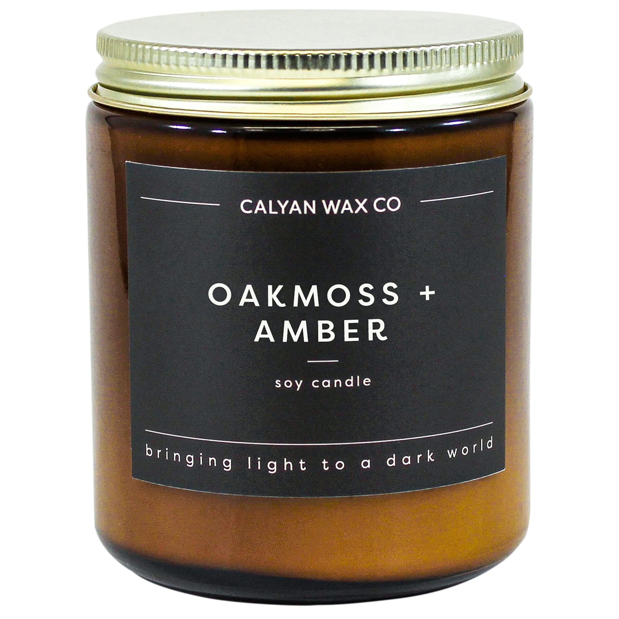 Calyan Wax Co. Oakmoss & Amber Scented Soy Jar Candle, 7.2 oz, 57 Hour Burn, Minimalist Rustic Amber Glass Jar, Aromatherapy Gift