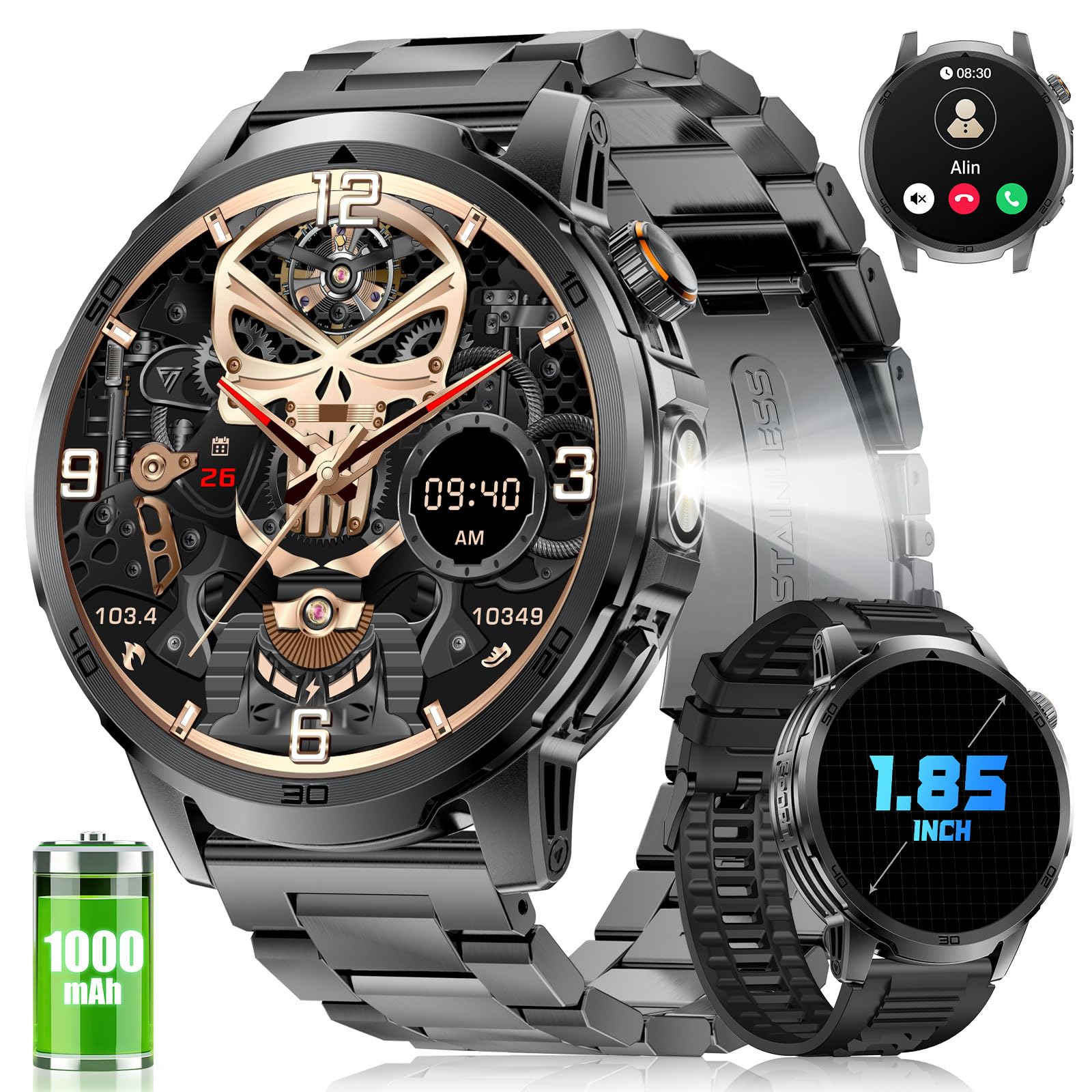 FITFLEX Smartwatch Herren Militär mit 1000 mAh, 1,85