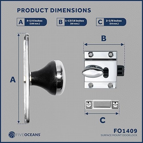 Miniatura 6 de Five Oceans Cerradura de puerta de barco, pestillo de puerta marina, perilla de puerta, acabado cromado, montaje en superficie, para caravana,