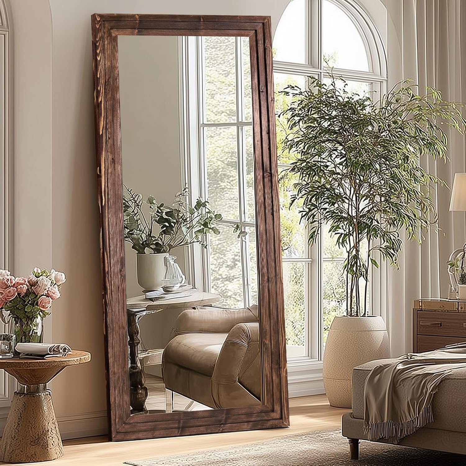 Full Length Wood Mirror 71x30 - Rustic Solid Wood Floor Mirror with Triple Layer Frame, HD Tempered Glass, Wall Mounted or Leaning Standing Mirror Vintage Brown Mirror for Bedroom Bathroom Living Room