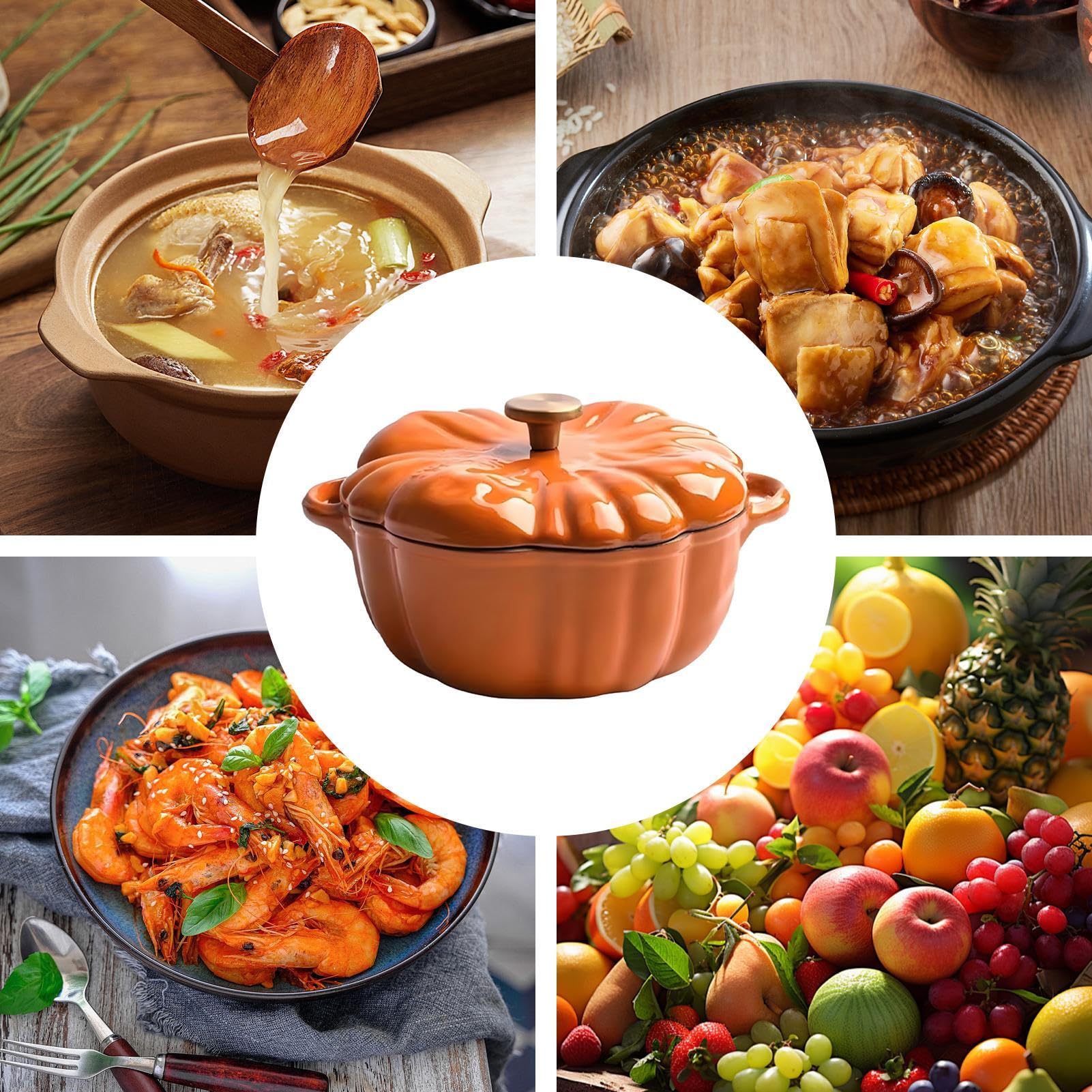 Marmite Cocotte en fonte émaillée en forme de citrouille avec couvercle et intérieur anti-adhésif – Passe au four pour ragoût, ébullition, cuisson, rôti, sauter, mettre en conserve et faire du pain