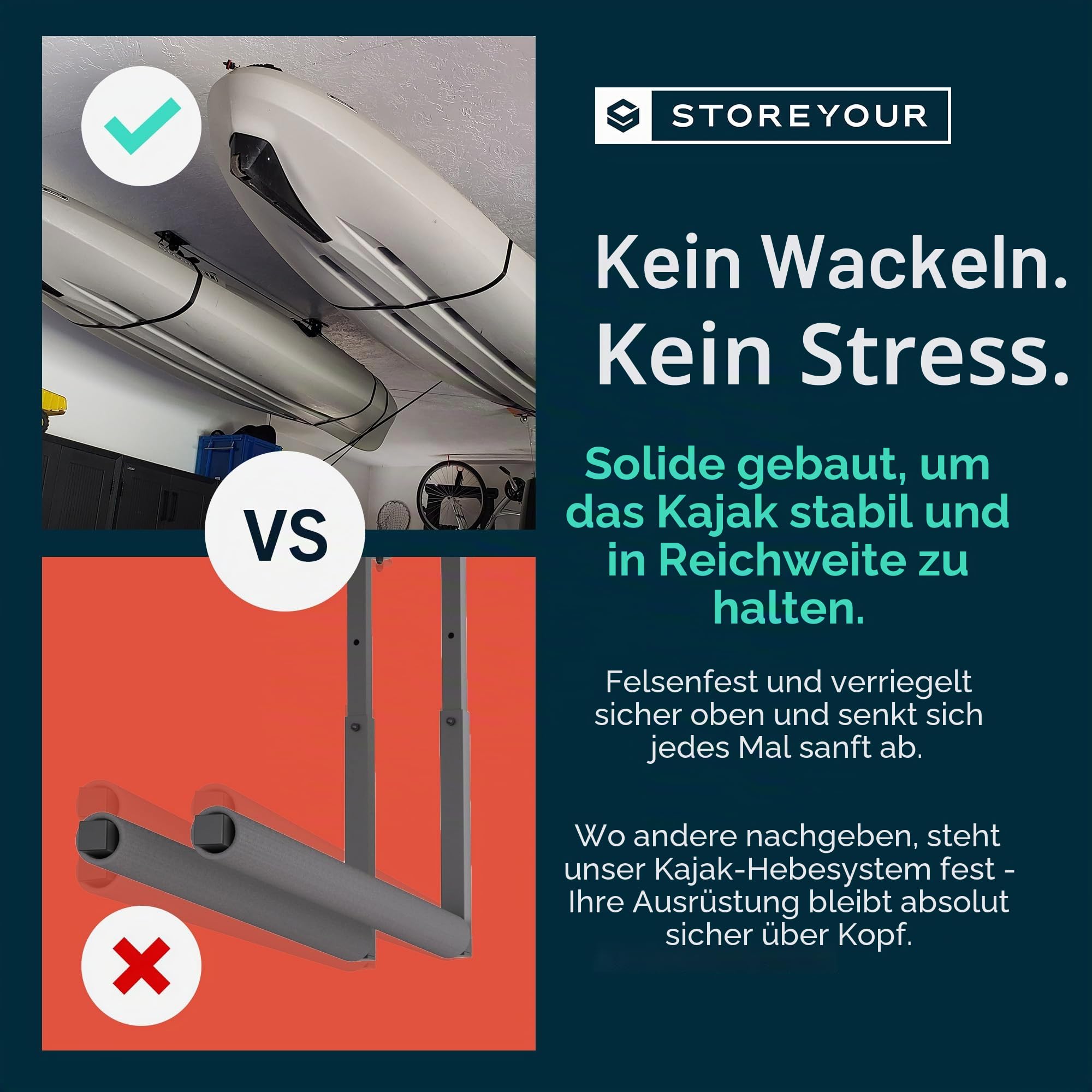 StoreYourBoard Kajak- und Kanu-Decken-Flaschenzugsystem, Garagenhalterung, Lagerheber, strapazierfähig, hält 68 kg, Indoor-Organizer