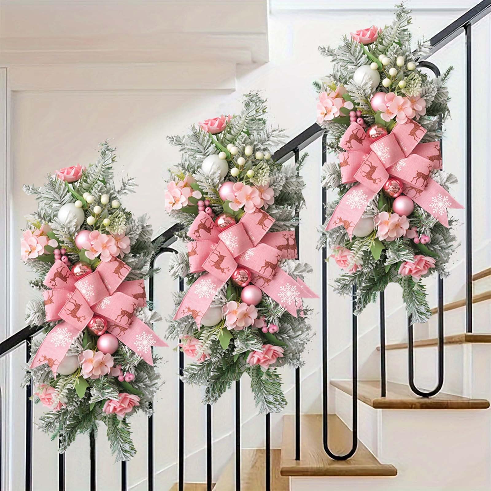 Artificial Christmas Swag 22'' Pink Teardrop Stairs Swag with Large Pink Bow Printed Reindeer Snowflake Pattern Xmas Balls Ornaments Holiday Staircase