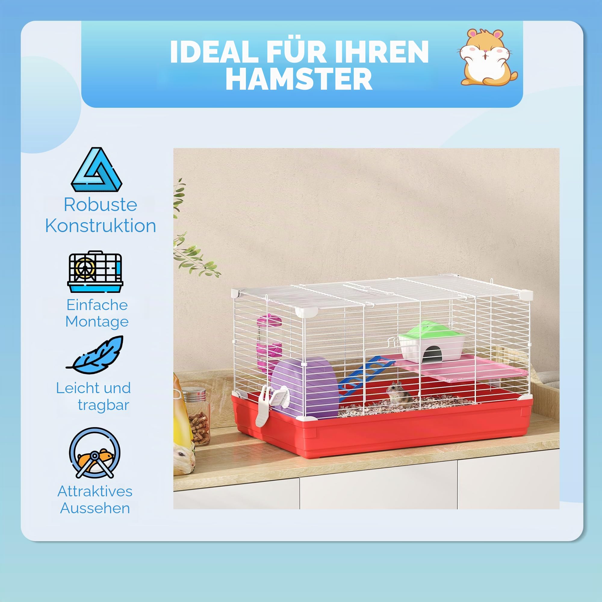 PawHut Hamsterkäfig, Nagetierkäfig, 2 Ebenen, abnehmbare Basis für eine einfache Reinigung, Schuppen, Laufrad, Leiter und Schüssel, 47 x 30 x 27 cm, Weiß und Rot