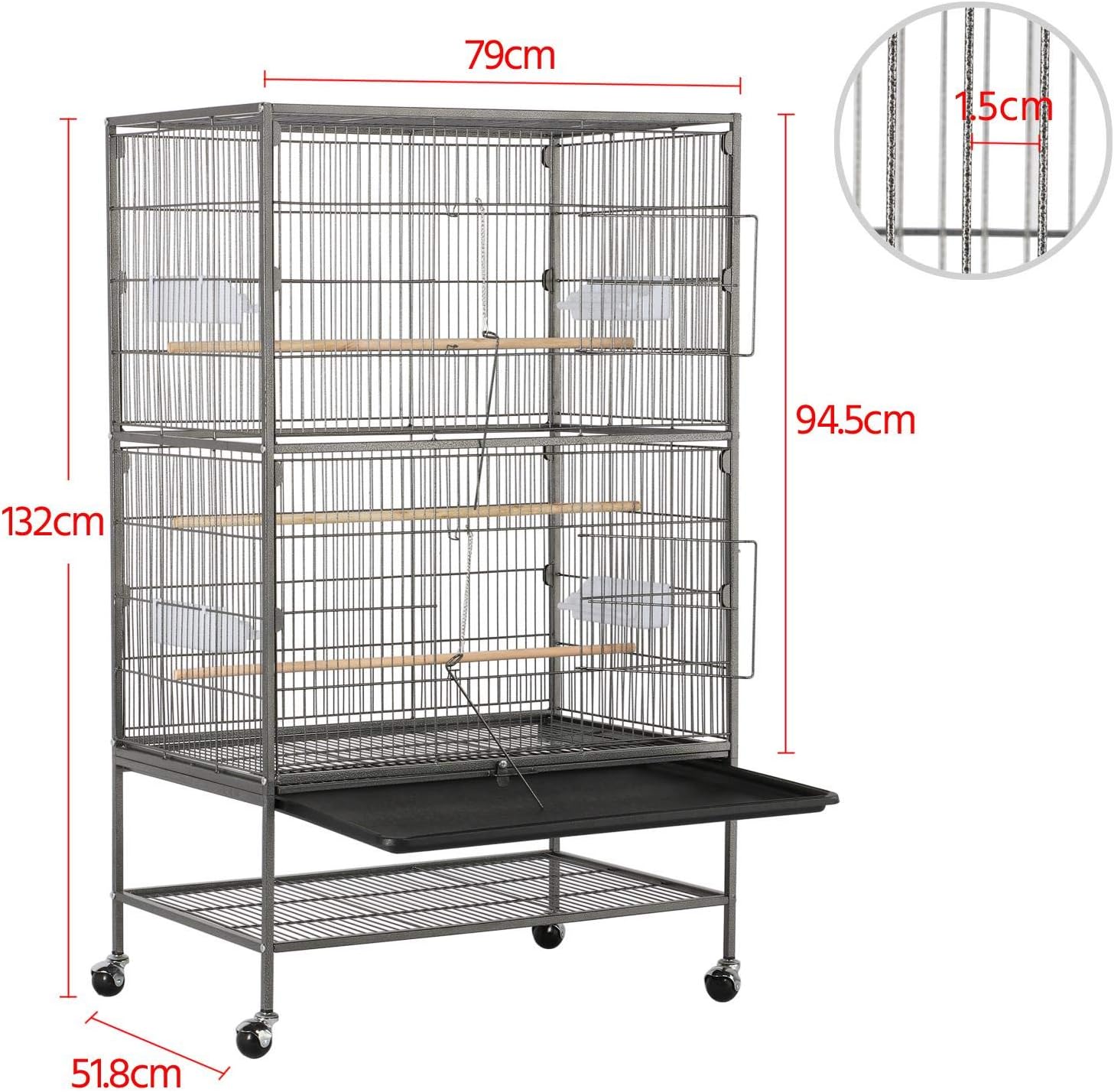 132cm Extra Large Rolling Metal Bird Cage Parrot Cage for Lovebird Cockatoo Conure with 3 Perches/4 Feeders/Extra Storage Shelf Black