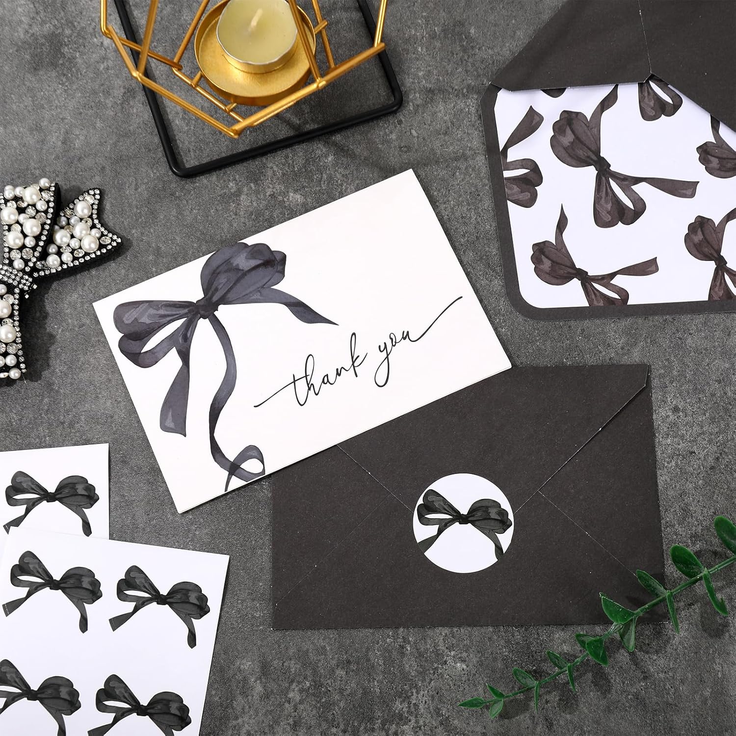 Whaline 24Pcs Black Bow Thank You Cards with Envelopes and Stickers Watercolor Bow Greeting Cards Black Blank Note Cards for Halloween Party Supplies - Image 3