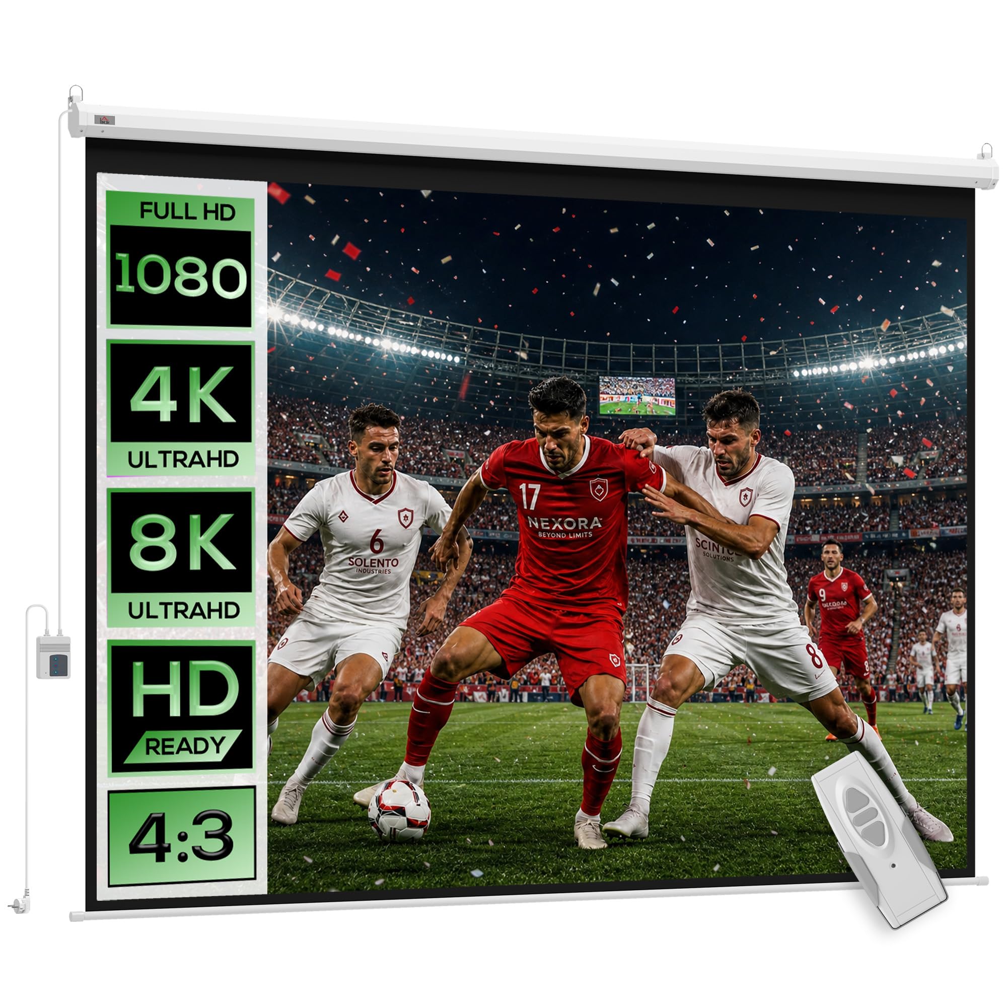 HOMCOM Écran vidéoprojecteur 84 Pouces, 4:​3 4K HD écran de Projection motorisé et électrique, écran de Projection TV et Home cinéma, Montage Mural ou Plafond, Panneau de Commande et télécommande