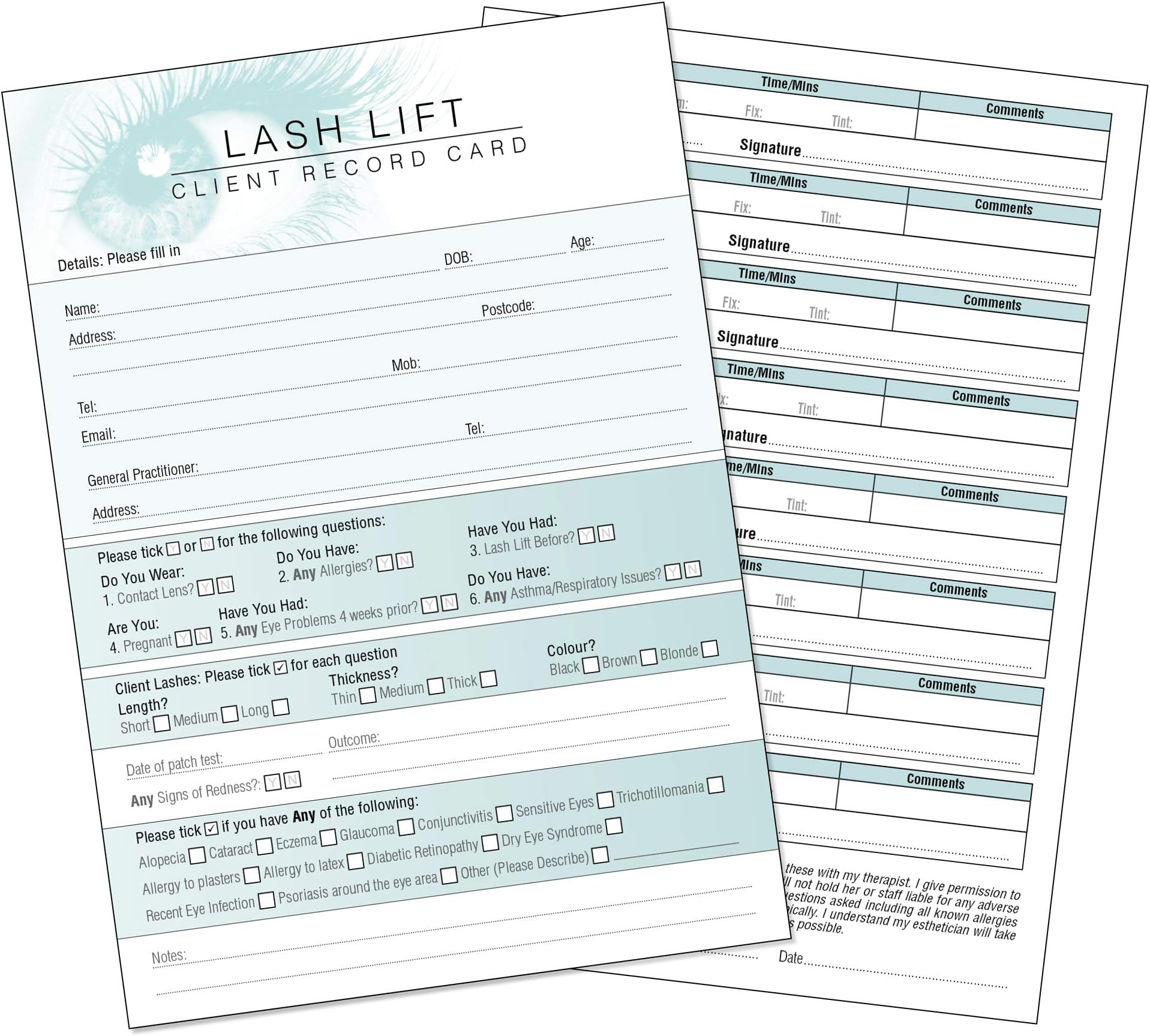 Lash Lift Client Record Card Treatment Consultation Form for Mobile