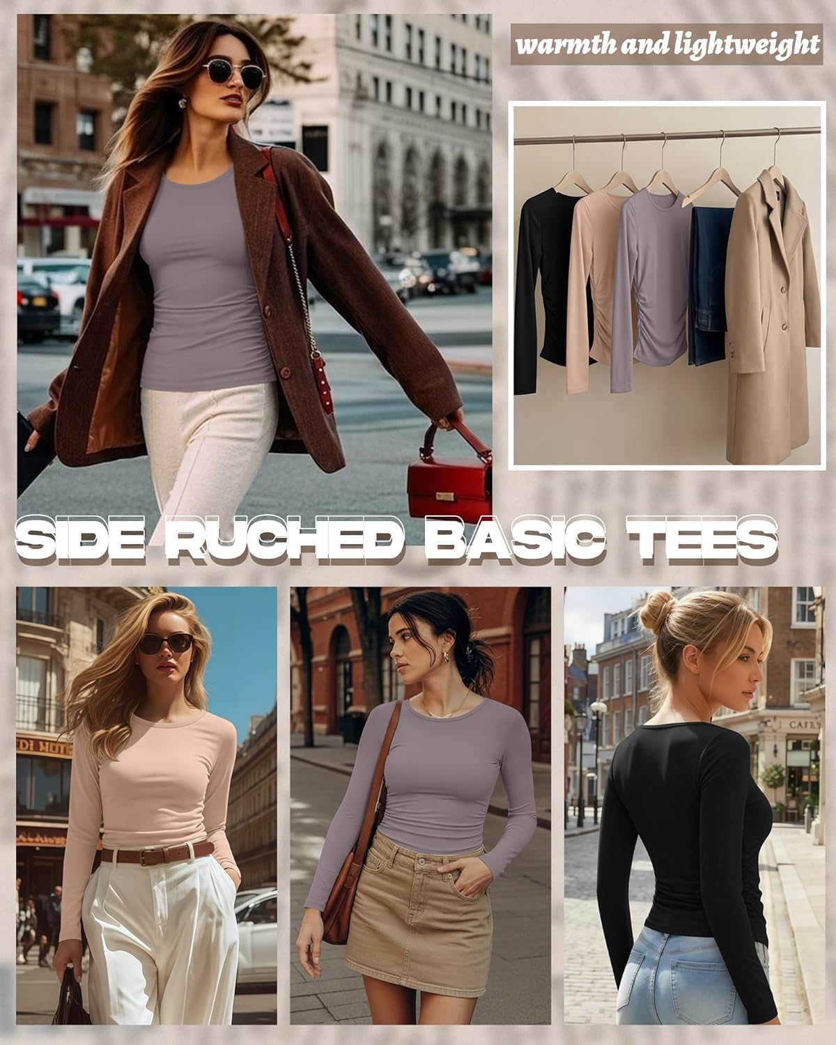 3 Pack Women's Long Sleeve Shirts Side Ruched Crew Neck Slim Fit Basic Tees Casual Stretchy Going Out Tops - Image 3