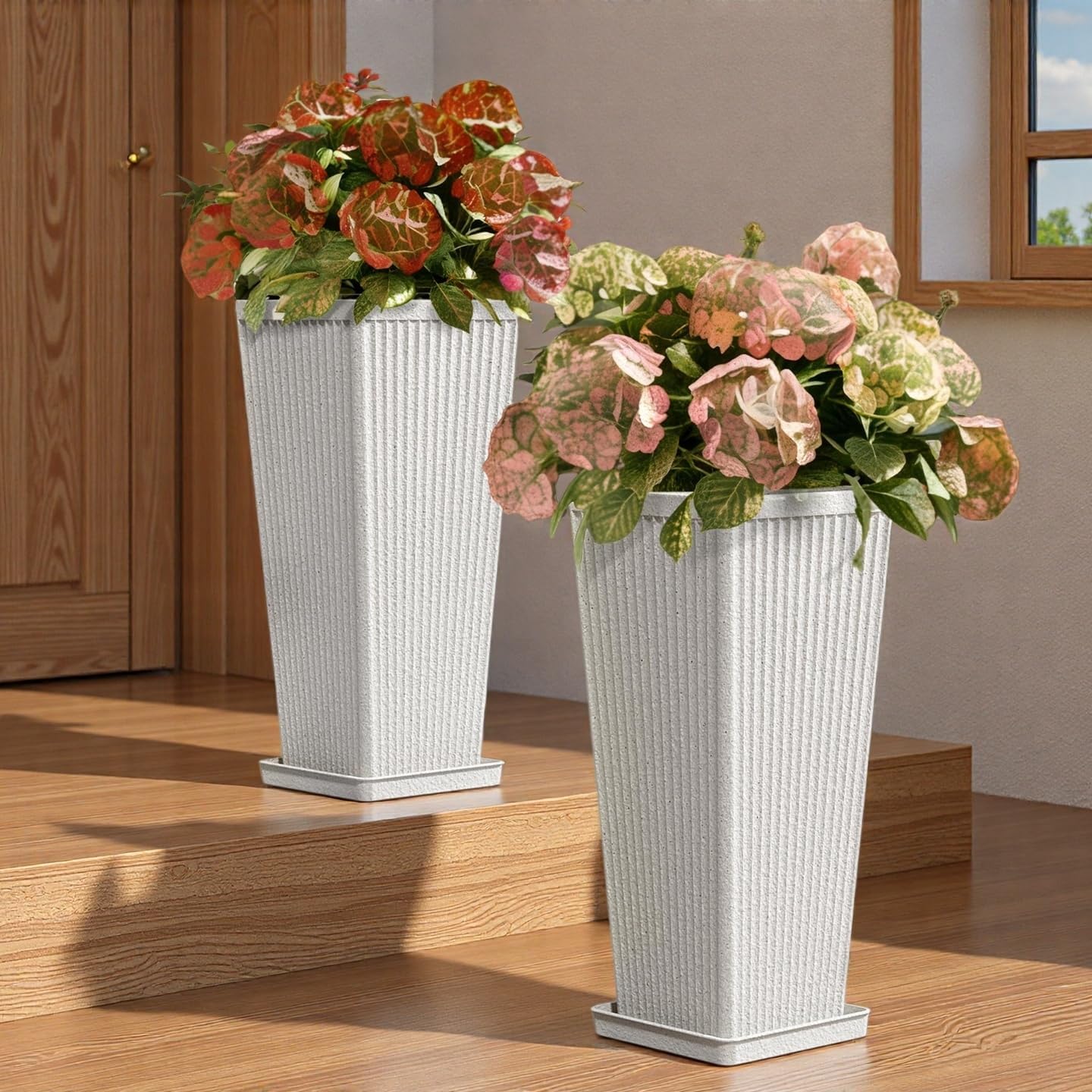 Front Porch Planters Outdoor Set of 2, 24" Tall Plastic Planters for Outdoor Plants with Drainage, Extra Large Outdoor Planter Pots, Tapered Tall Planters for Front Door & Indoor Plants, White
