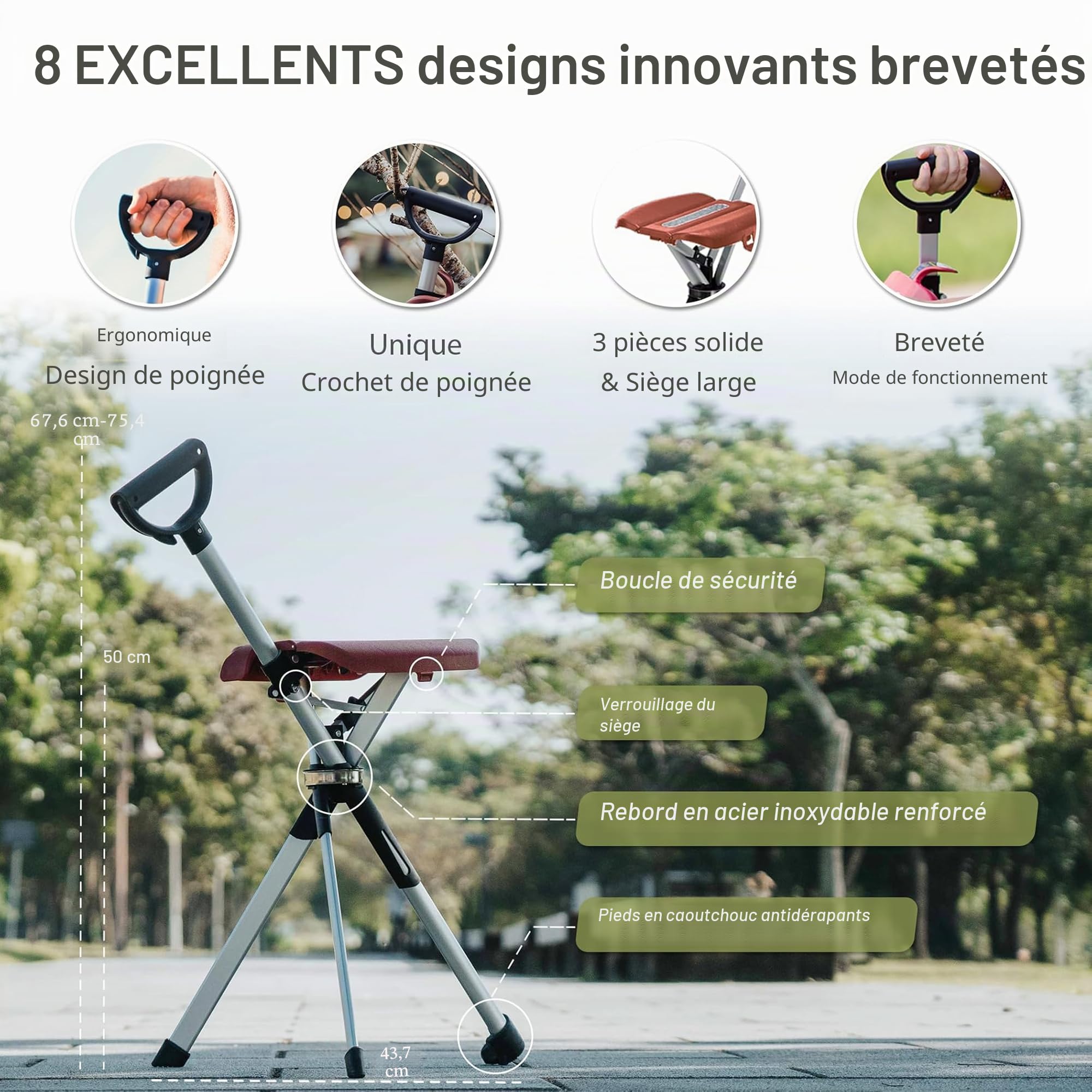 Ta-Da Chair Series 2 - Canne de Marche avec siège, Cadre léger en Aluminium, Tabouret Pliable Robuste (jusqu'à 136 kg), Facile à Plier, idéal pour randonnée et activités en Plein air