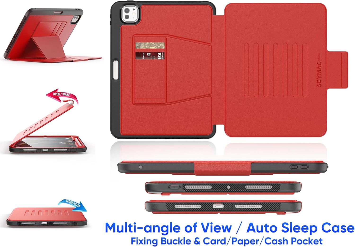 SEYMAC stock Case for iPad Pro 11 inch (M4) 2024, Auto Sleep/Wake Case with Magnetic Multi-Angles Stand, Card Slot, Red