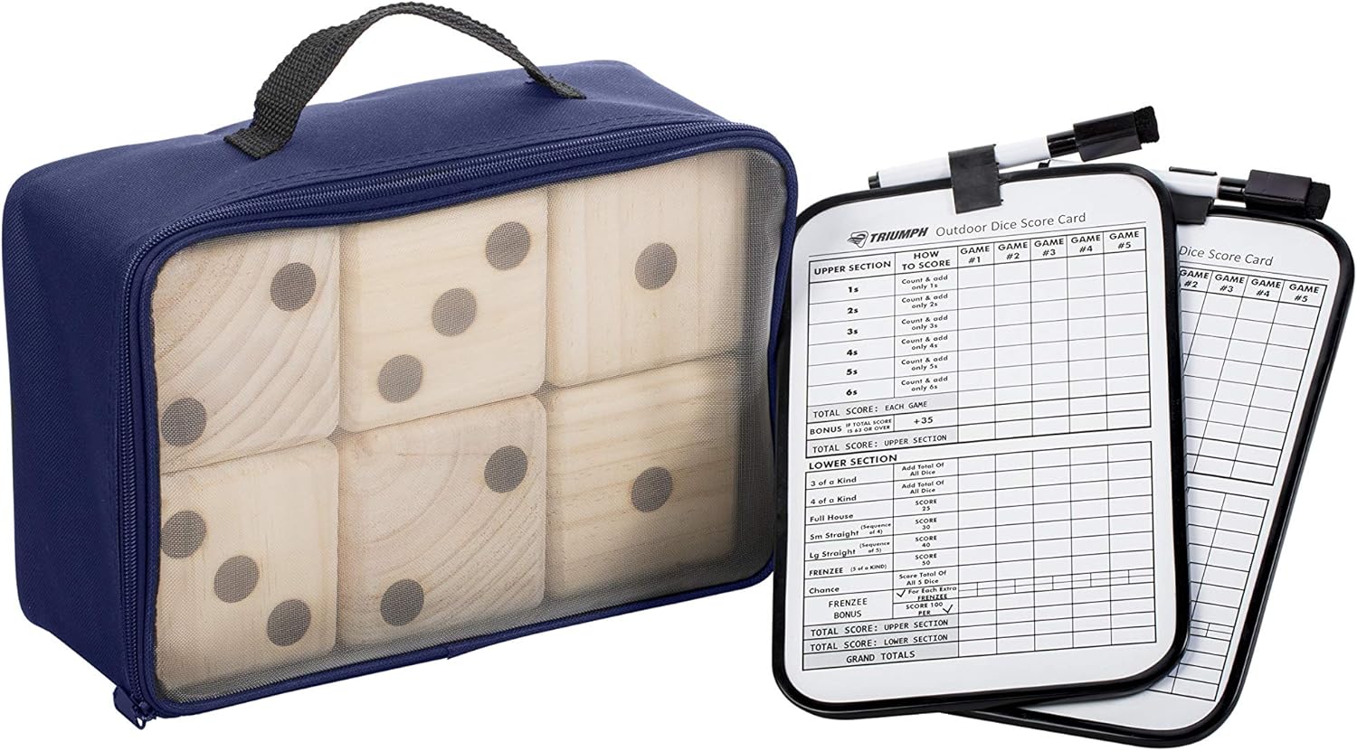 TRIUMPH Giant Wooden Lawn Dice - Includes 6 Large Lawn Dice, Dry-Erase Scorecards, Markers and Carry Bag