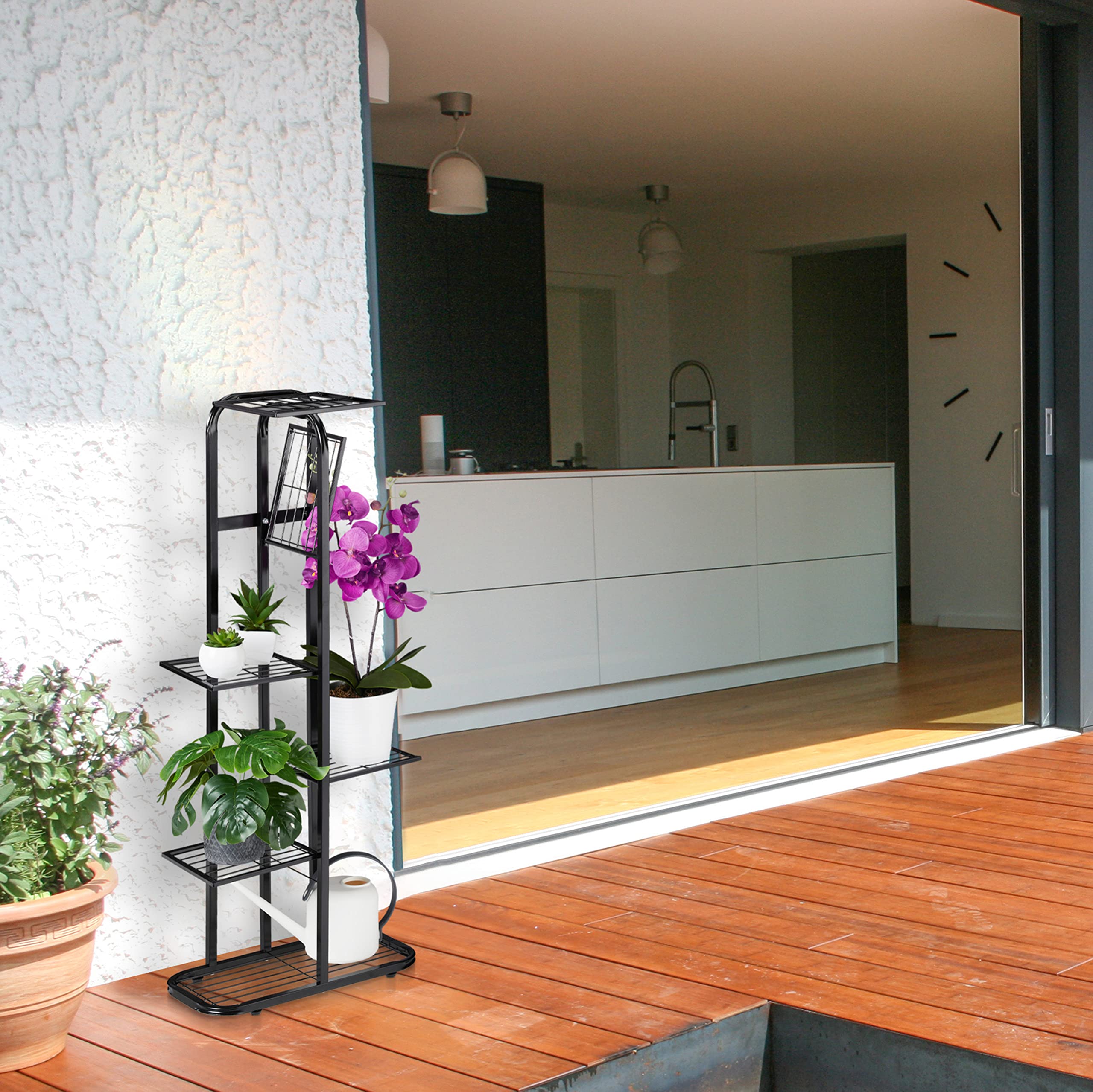 Relaxdays Scaffale Portafiori in Metallo, Fioriera da Esterno e Interno, 6 Mensole Porta Piante, 107 x 44 x 24 cm, Nero