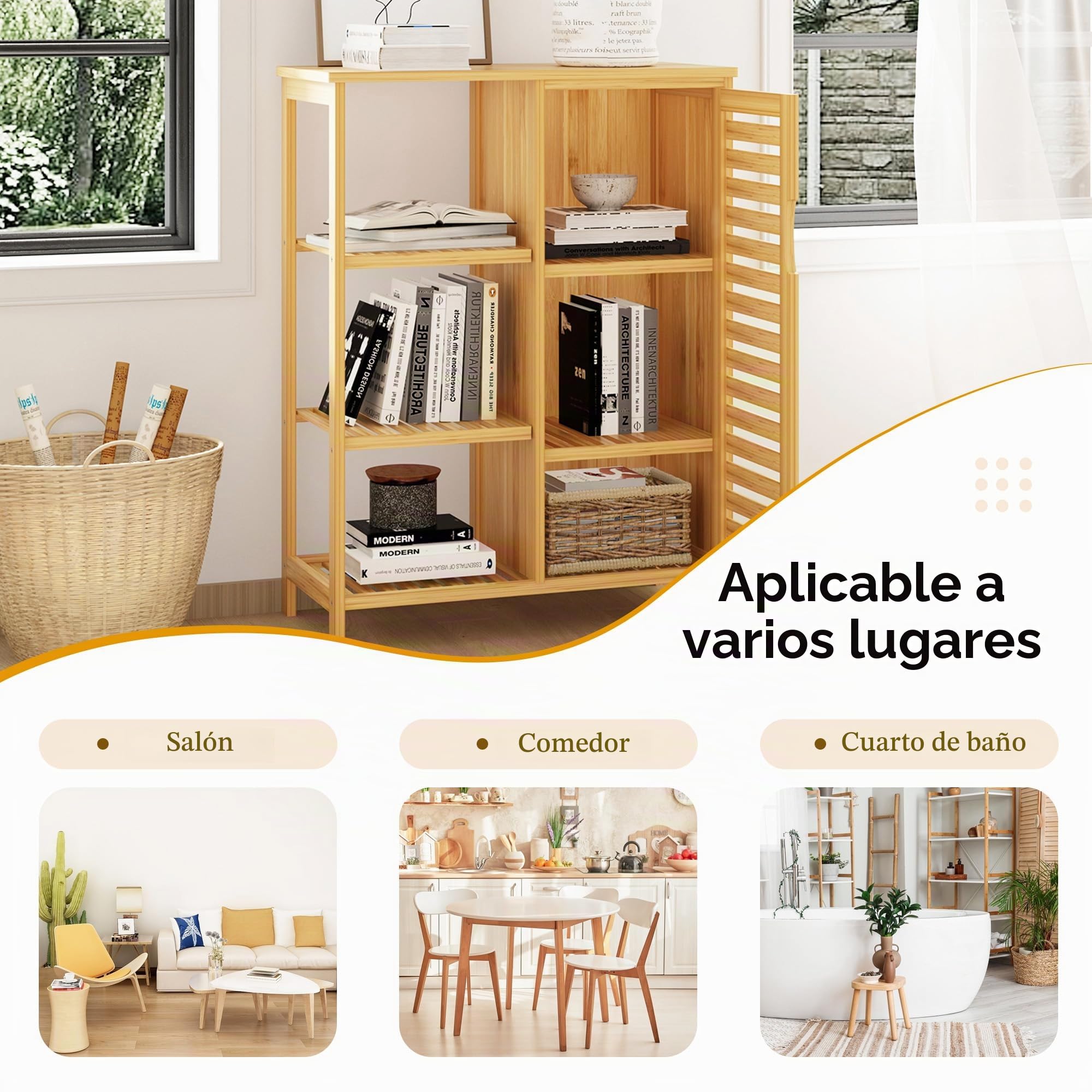 SogesPower Gabinete de Almacenamiento de Piso de baño con Puerta y estantes, Organizador de Almacenamiento Independiente con Puerta de Obturador, gabinete de bambú de 3 Niveles para Cocina, Sala