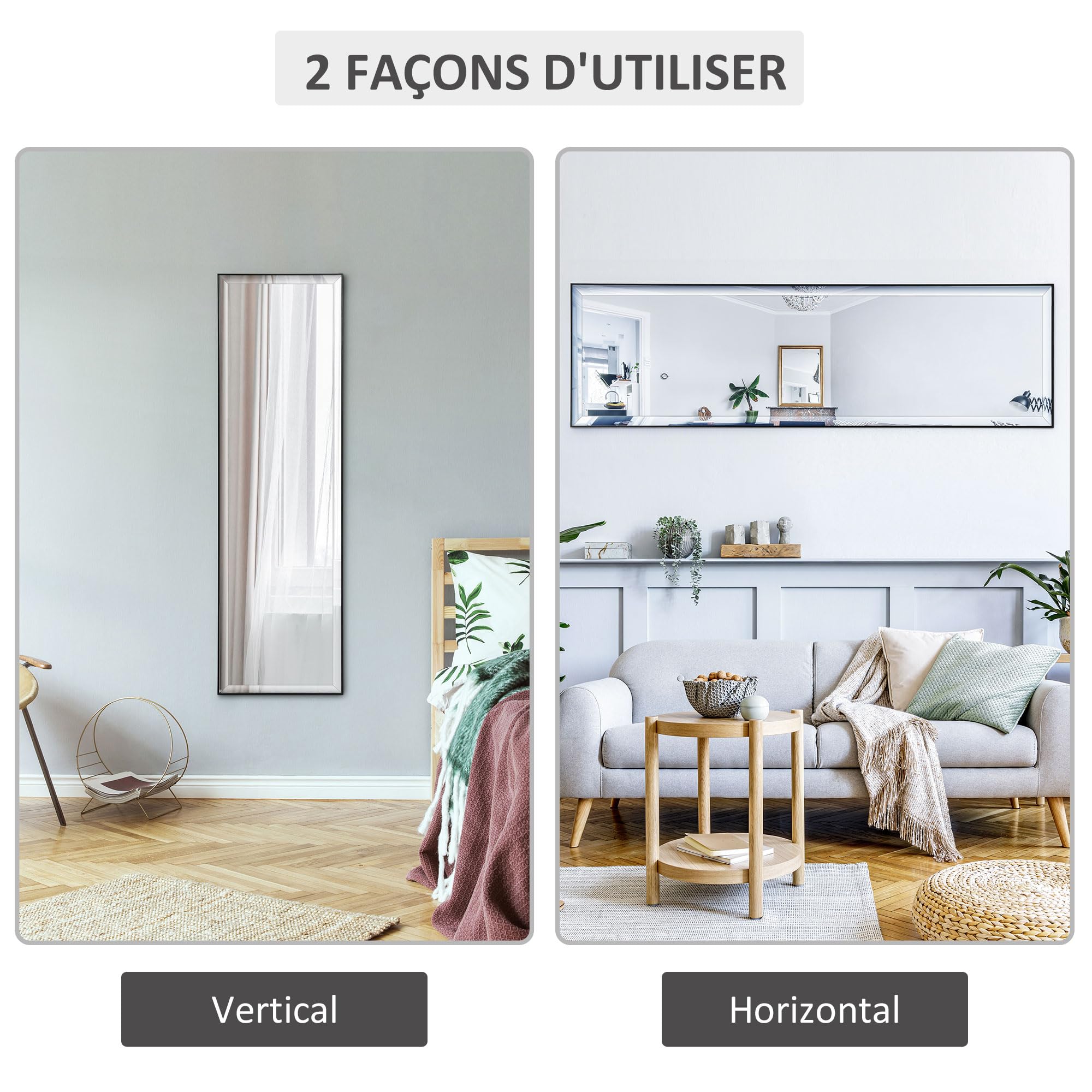 HOMCOM Miroir Mural Film Sécurité Anti Déflagrant 120L x 35l cm Noir | Système Attache Inclus, Cadre Alliage Alu.