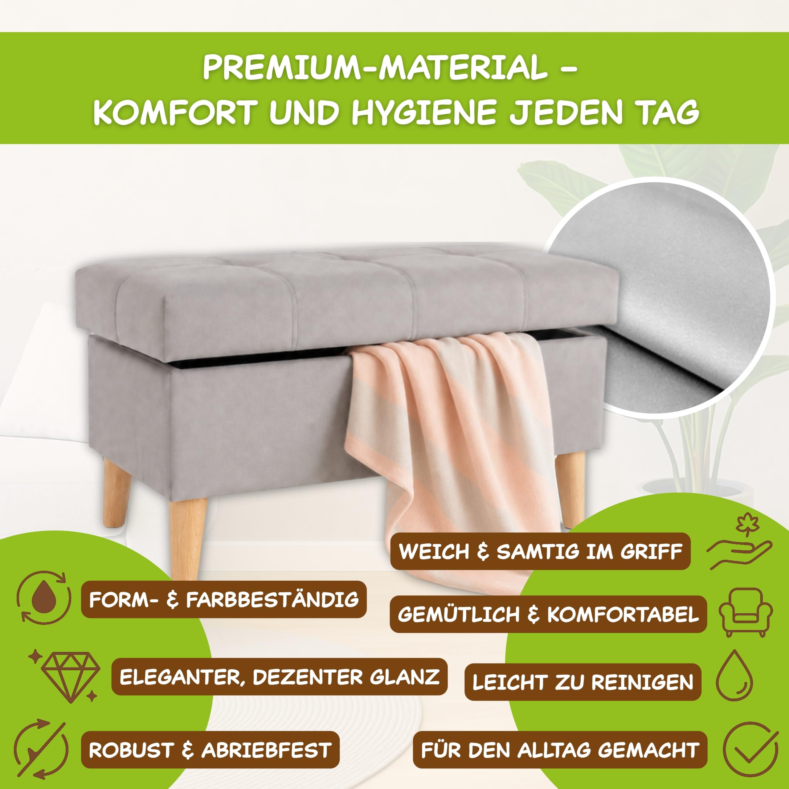 Outentin Gepolsterter Velvet Puff – Hocker & Sitzwürfel mit Stauraum, klappbarer Fusshocker und Fußablage für Wohnzimmer & Flur – Stabiler Sitzhocker mit Buchenfüßen, 70 × 42 × 37 cm, Grau Ottoman