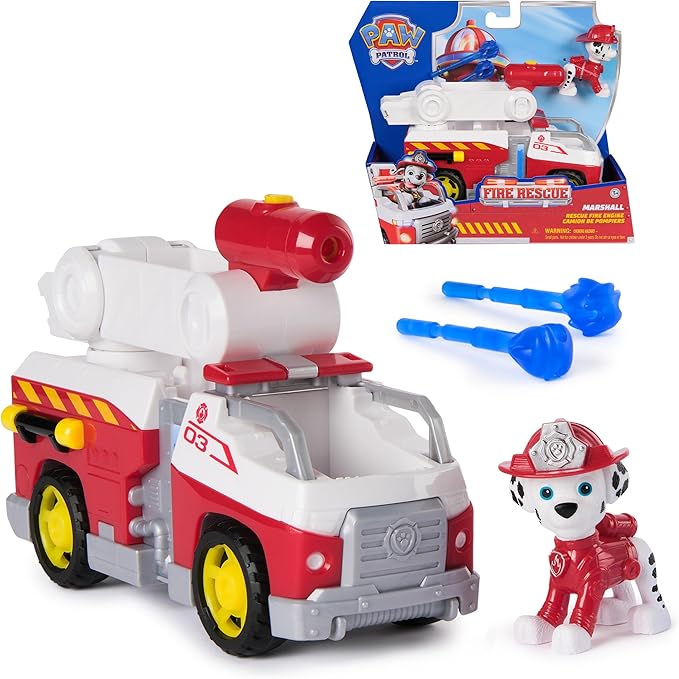 Paw Patrol – Pat Patrulla Canina – Vehículo Figura de Marcus Fire Rescue Mission Bomberos – Figura Coleccionable – 2 proyectiles – Patrulla Canina de Juguete – Coche Infantil – Juguete Infantil de 3