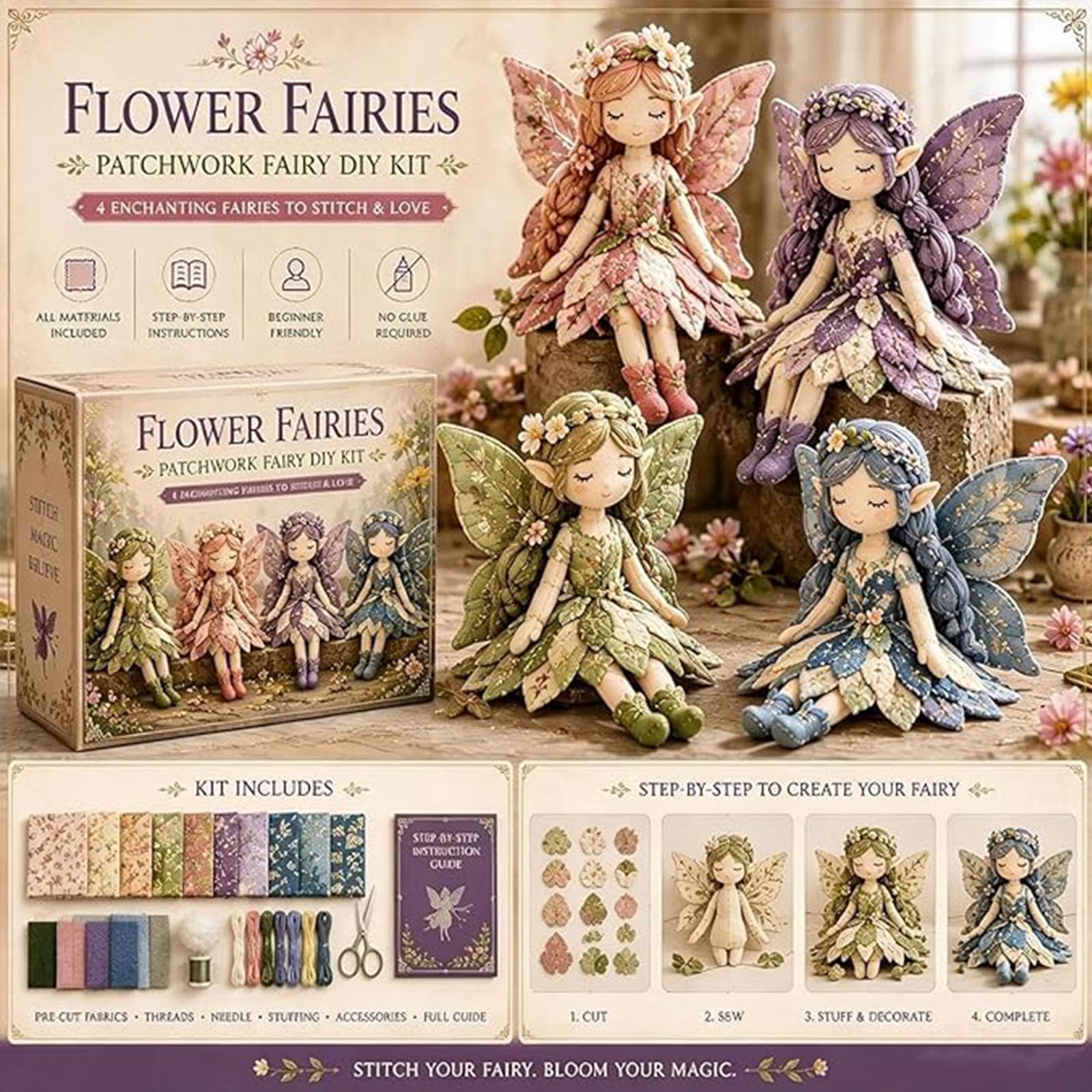WEIWOGU Colección de bricolaje Fairy Patchwork, kit de costura de muñeca de hada de las flores hecho a mano, juego de suministros de artesanía para principiantes (#F)