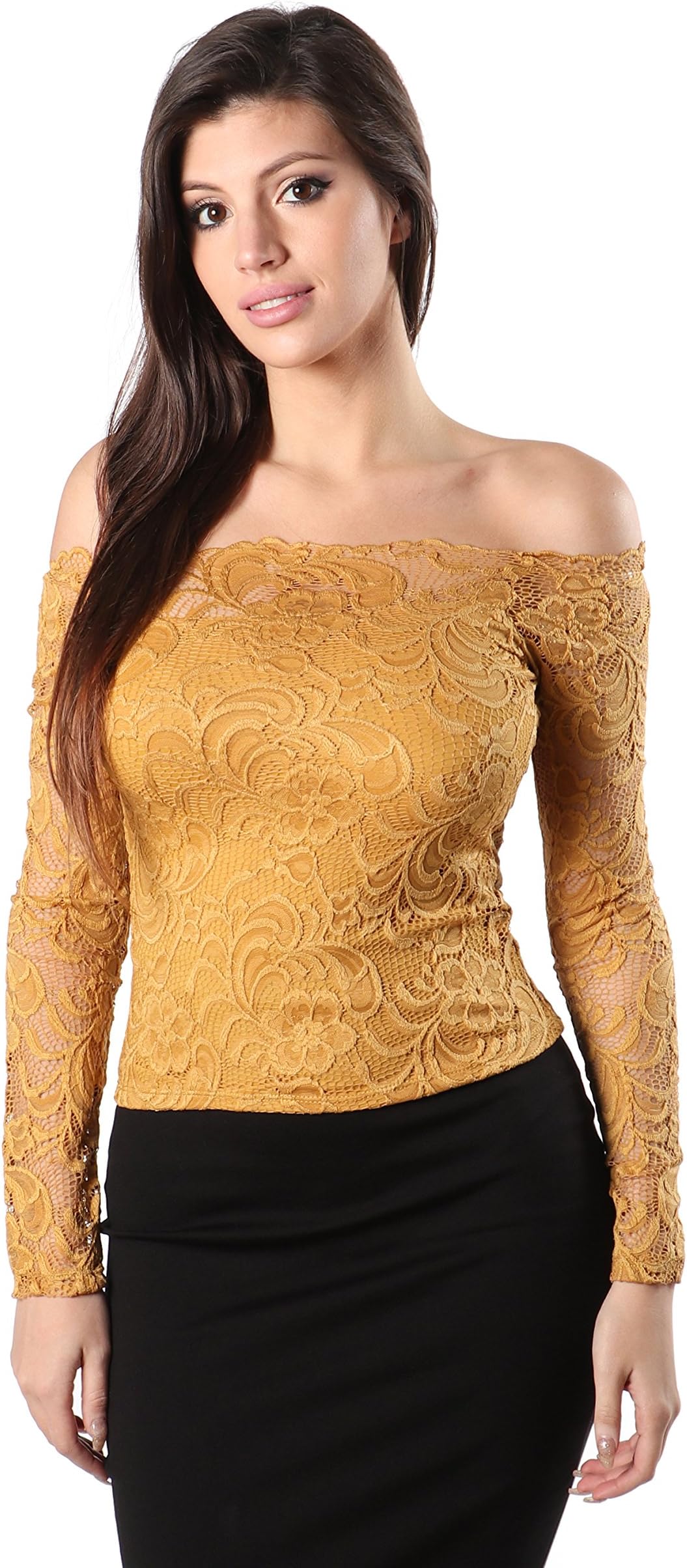 Women's Elegance Floral Lace Pattern Off Shoulder Sexy Stretchy Long Sleeve Lining Blouse Top