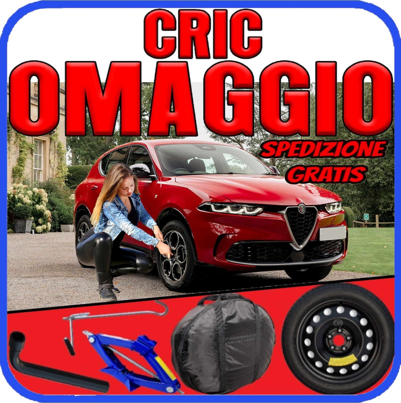 Generico Ruotino Di Scorta Per Alfa Romeo Tonale Pinze Rosse (av1) 5 Fori Gomma 145/80 R18 Da Anno 2022 Fino ad Anno 2024 Con Kit Accessori Cric Crick Chiave e Sacca 145 80 18 18""