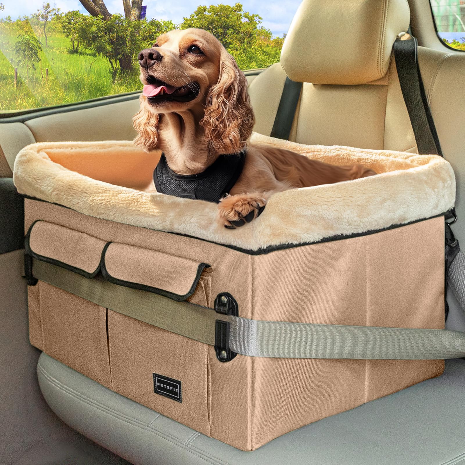 Petsfit Asiento de coche para perro de tamaño mediano, con hebillas de patente, almohadilla lavable, asiento elevador mejorado de hasta 20 kg, caqui