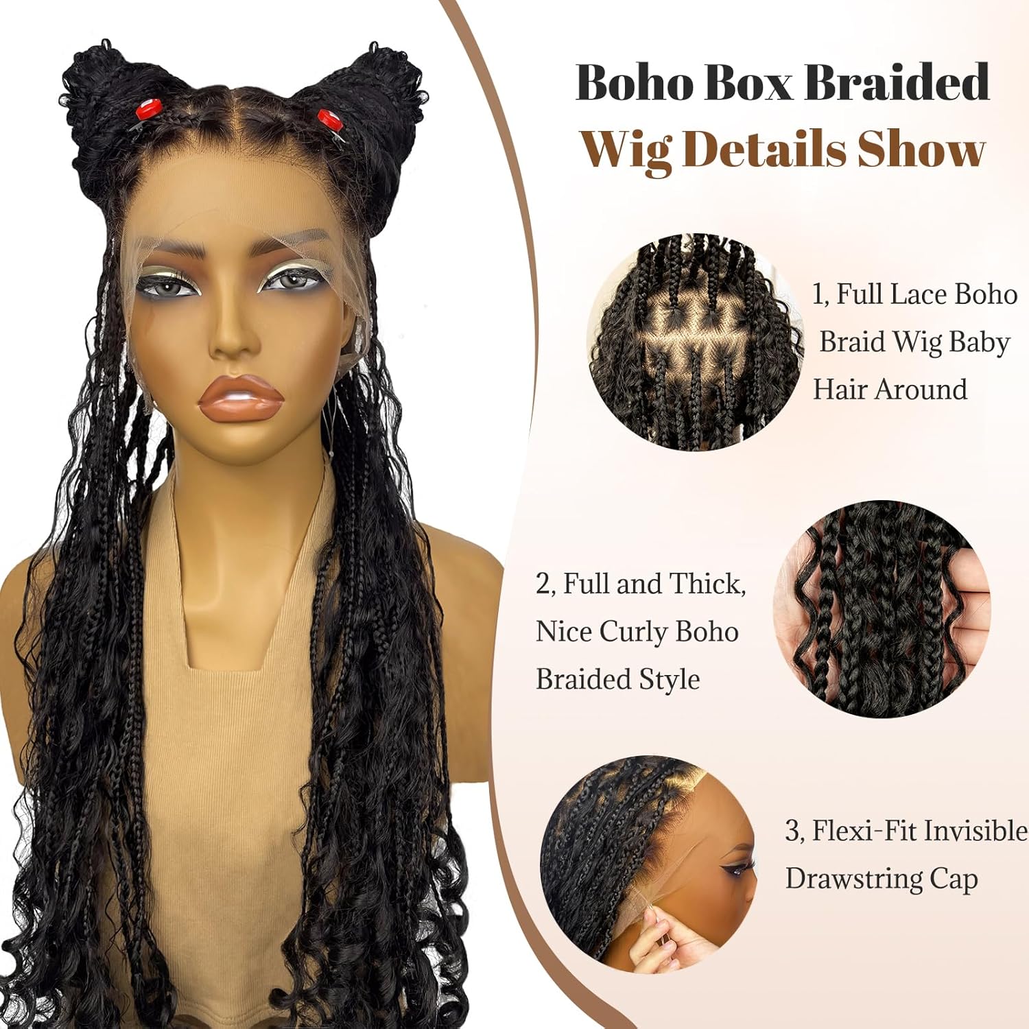 Full Lace Boho Braided Wigs for Black Women 28" Handmade HD Single-layer Square Knotless Box Full Lace Wig Human Hair Blended Bohemian Synthetic Braids Flexi-Fit Invisi Drawstring Cap Braiding Wig