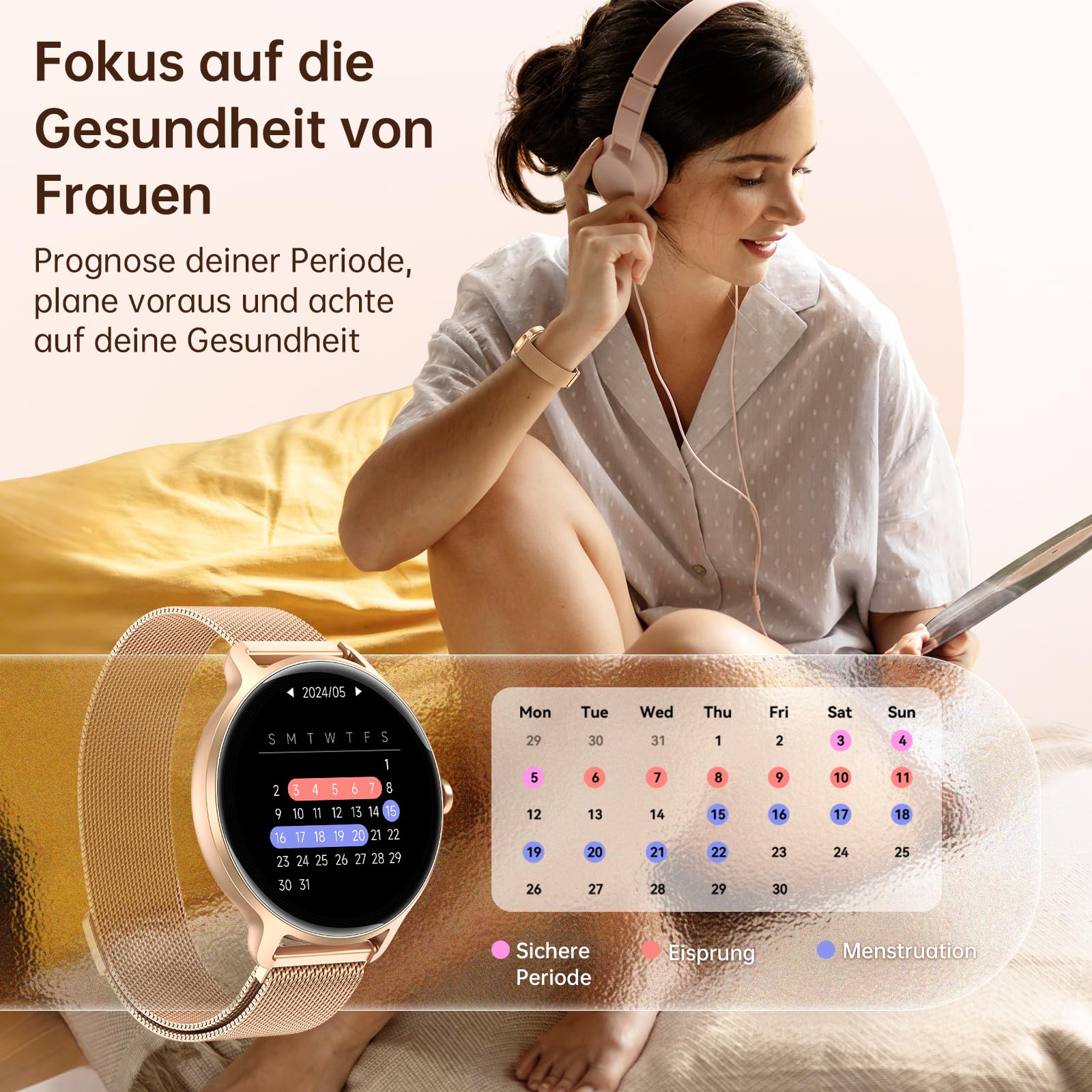 Smartwatch Damen Rund 1.27" AMOLED Smart Watch mit Telefonfunktion Fitnessuhr Pulsuhr SpO2 Schlafmonitor Schrittzähler 120+ Sportmodi IP68 Wasserdicht für iOS Android